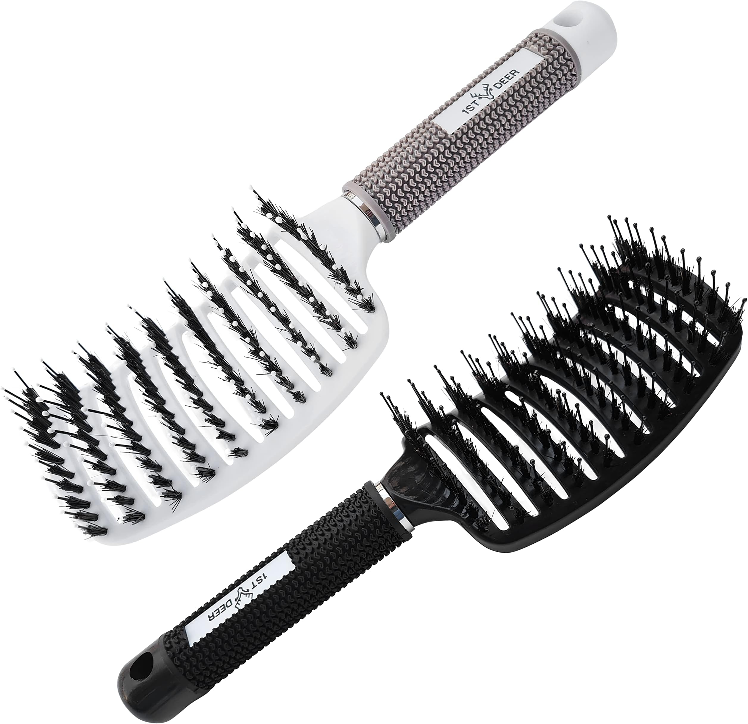 Detangling Nylon Bristle Brush, 2 pcs Styling Hair Brush, Curved Vented Hairbrush for Faster Drying, Detangler for Dry Wet Long Thick Curly Straight Hair (White, Black)