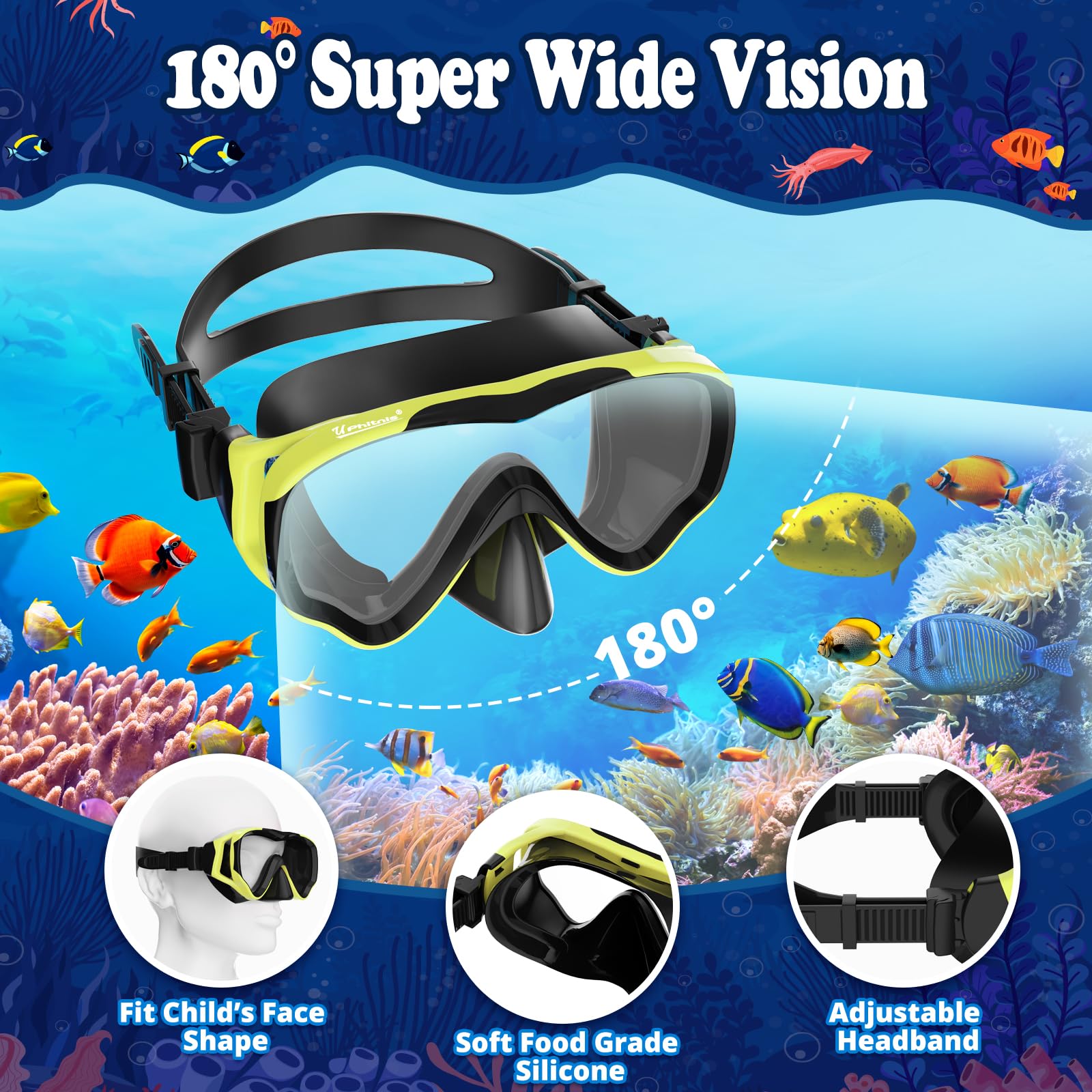 UPhitnis Maschera Snorkeling Bambino 4-12 anni - Maschera Subacquea Bambini Antiappannamento con Boccaglio con Valvola - Set Maschera da Immersione per Ragazzo e Ragazza