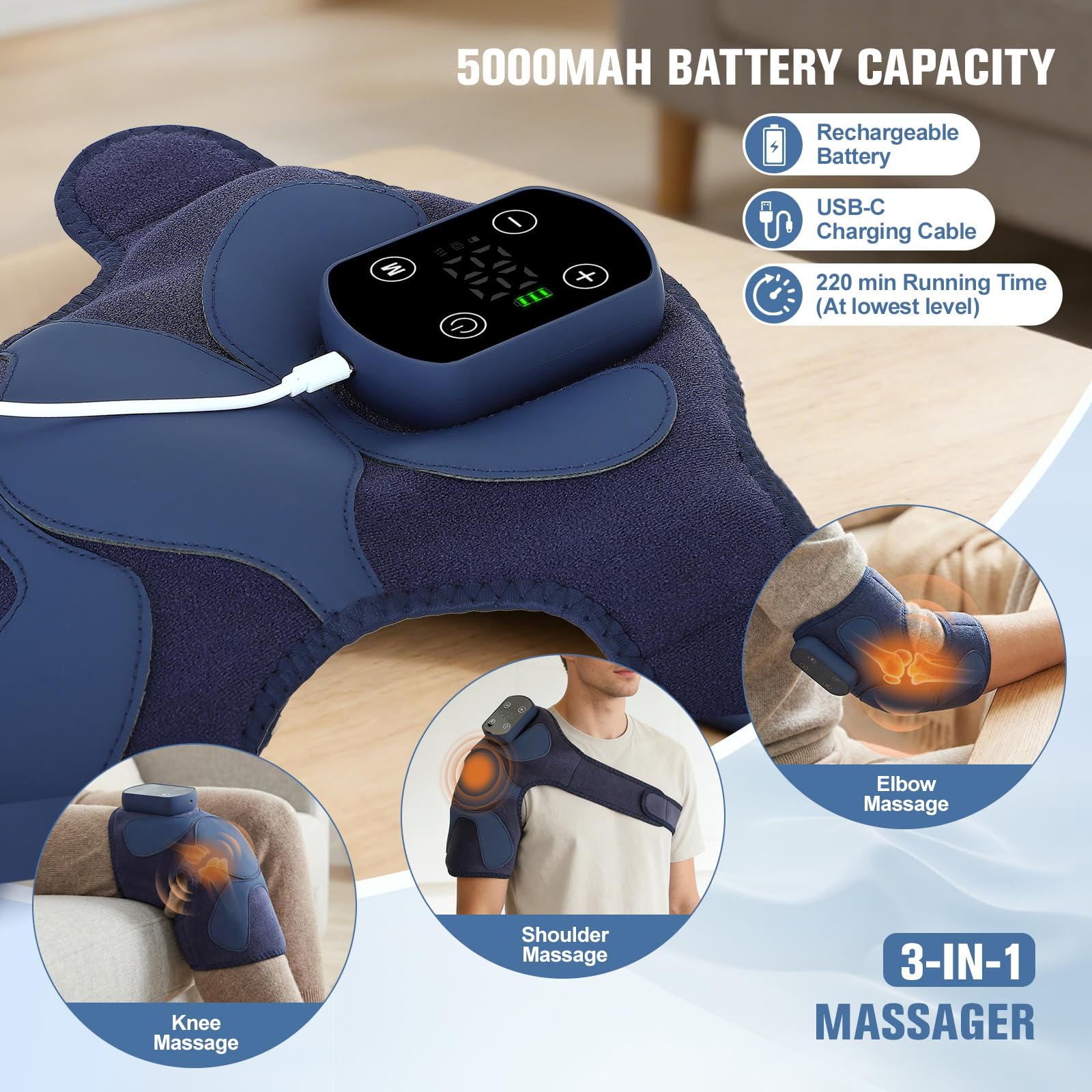 Kabelloses Knie Massagegerät mit Wärme, 4 Vibrationsmotoren & 5 Heizstufen (40-60°C), 5000mAh Akku, 3 Massagemodi, Touchscreen & Fernbedienung, Beheiztes Kniepad für Schulten & Ellbogen