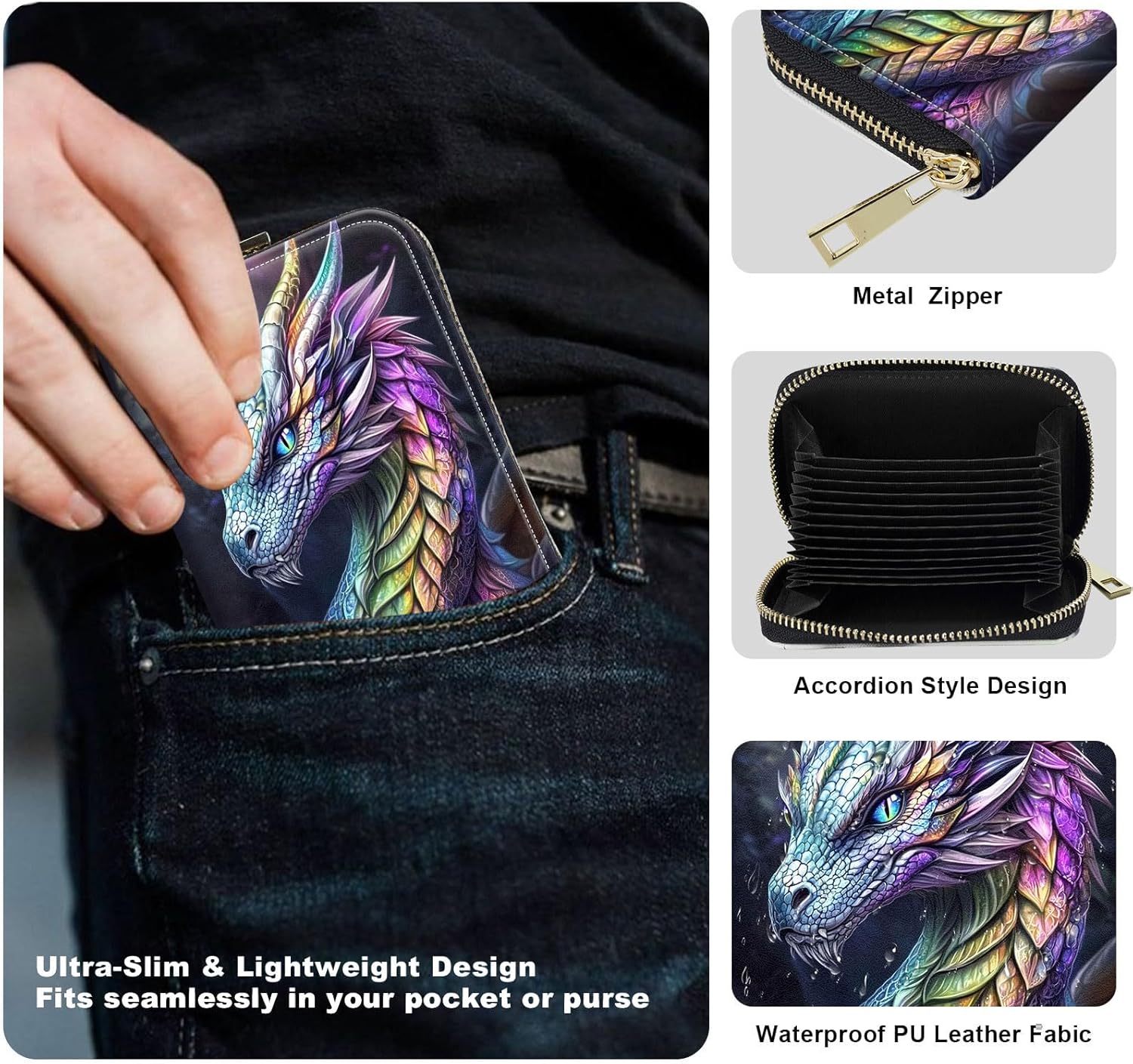 Womens Card Wallet with Zipper, RFID Blocking Small Credit Card Holder Case, PU Leather Accordion Card Wallet for Women, Compact Travel ID & Cash Organizer, Majestic Dragon - Image 6
