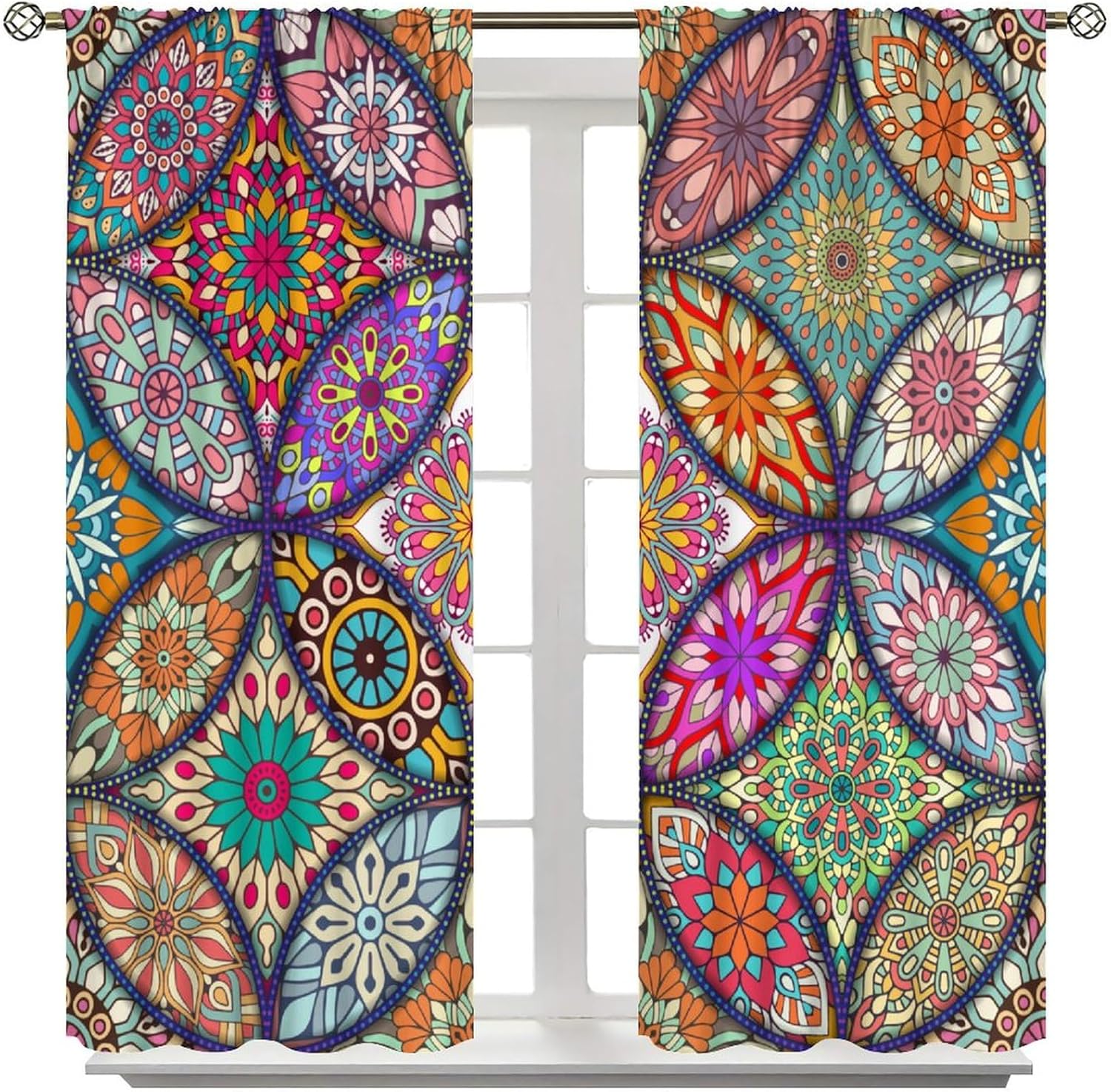 Ethnic Floral Curtains, Exotic Vivid Colorful Abstract Geometric Stained Glass Flower Pattern Window Treatments, Rod Pocket Blackout Home Decor Drapes For Living Room Bedroom Bathroom Kitchen 42x54in