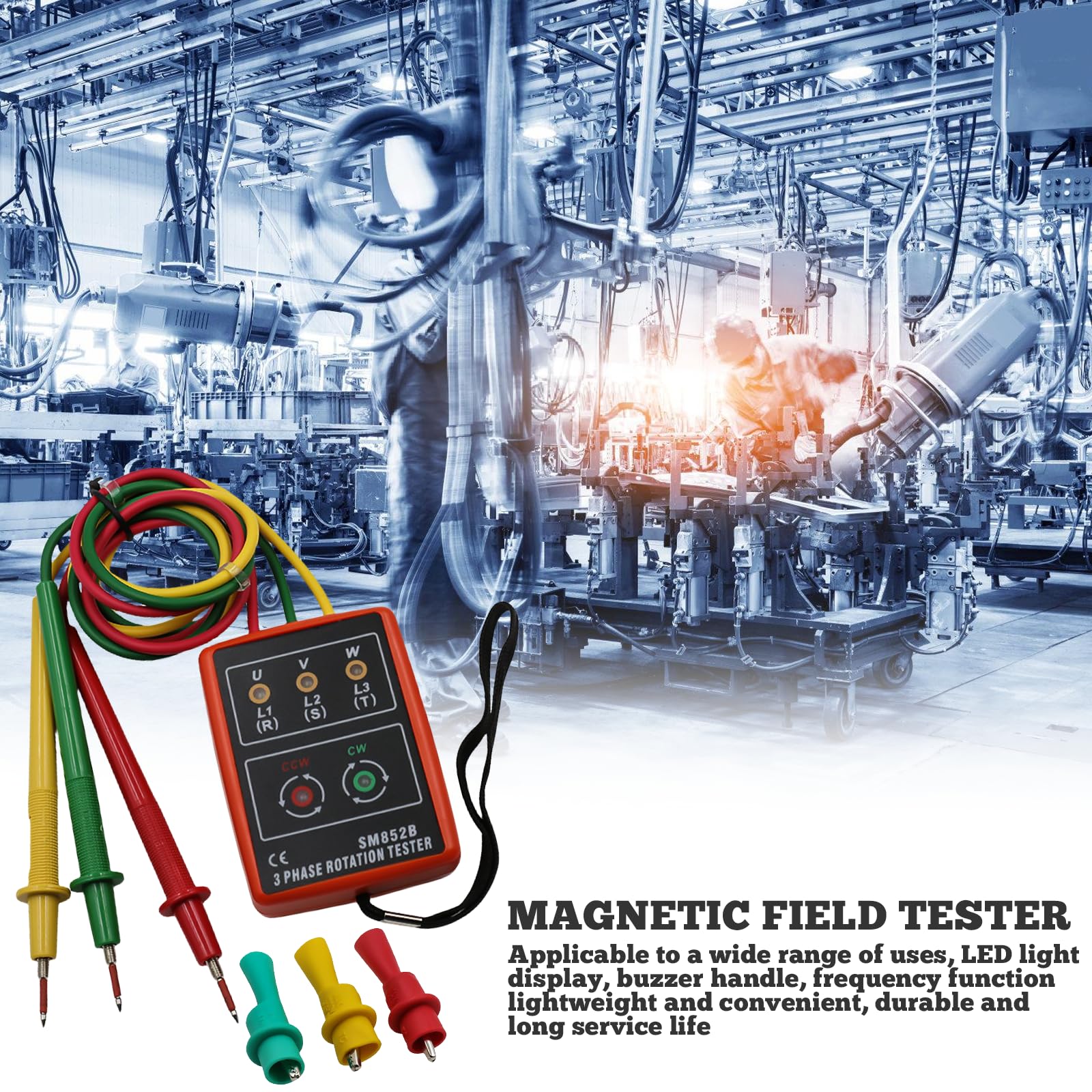 Comprobador de fase portátil de 3 fases: medidor de campo giratorio CA 60 V ~ 600 V, 3 fases de rotación probador, comprobador de voltaje con probador de zumbador y pinzas de cocodrilo adecuado