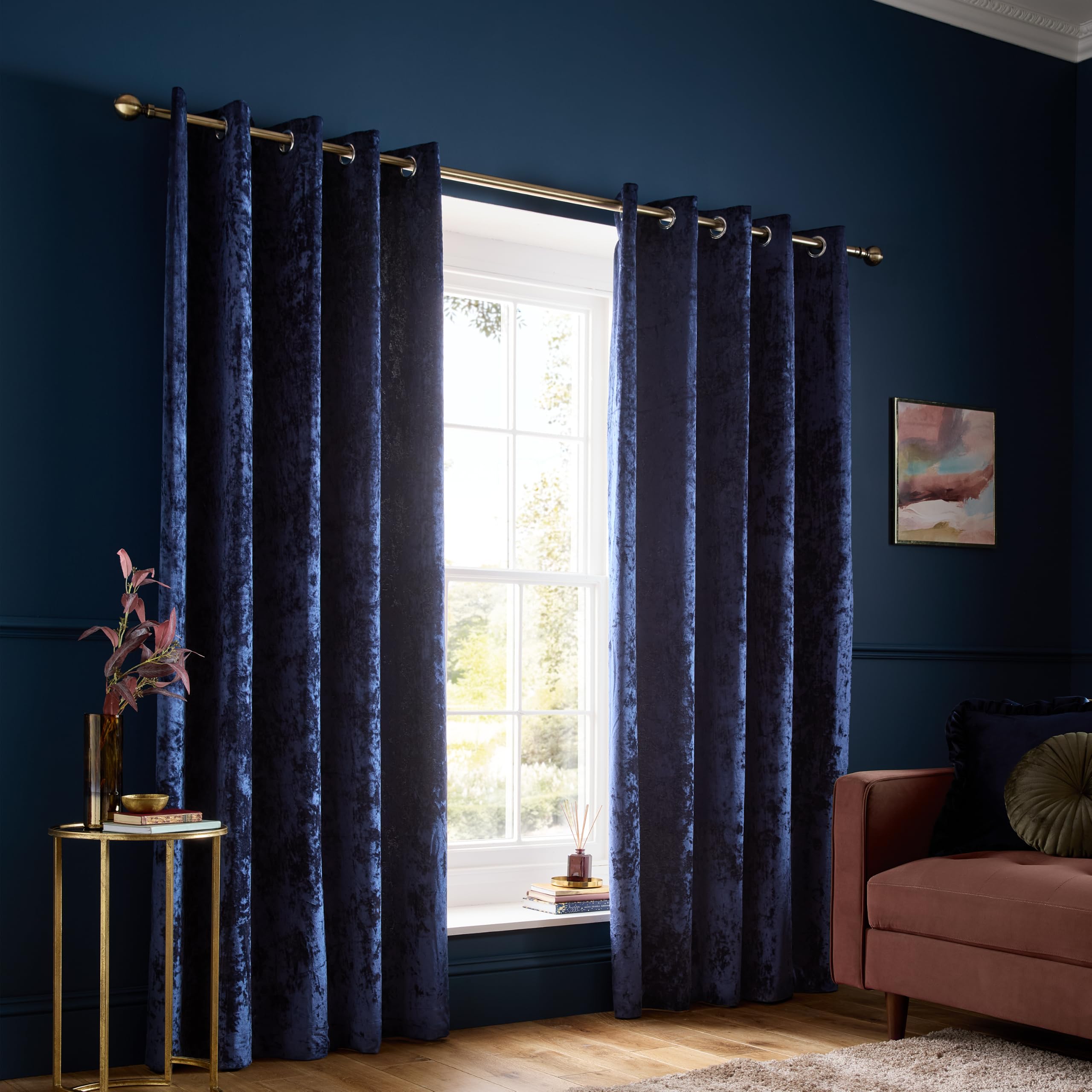 Catherine Lansfield Crushed Velvet 66x54 Inch Eyelet Curtains Navy Blue