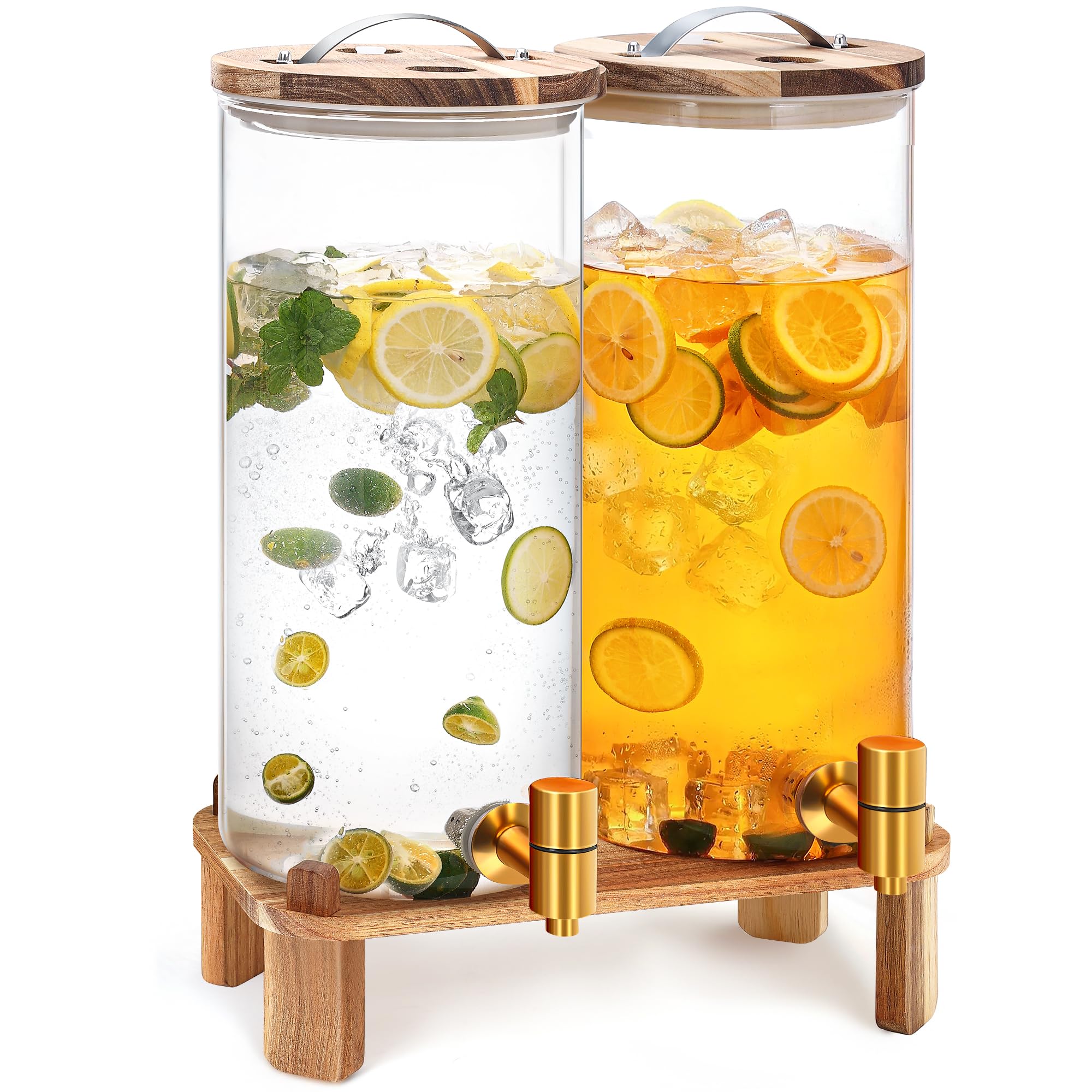 Photo 1 of 2 Pack 2 Gallon Large Drink Dispenser with Wooden Stand, Glass Beverage Dispenser with Stainless Steel Spigot, Water Drink Dispensers for Lemonade, Juice, Cocktails, Tea, and Party Drinks