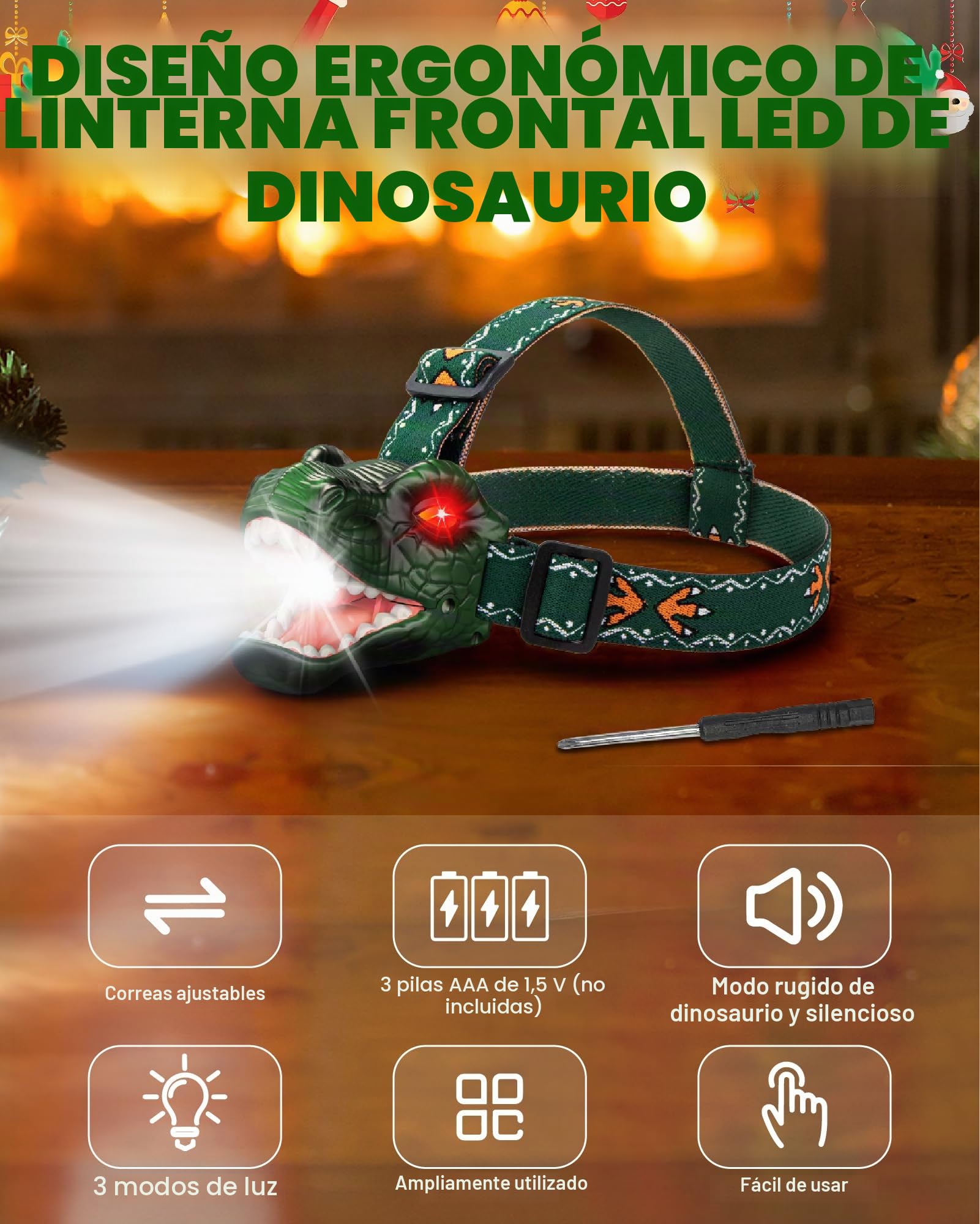 Linterna con forma de cabeza de dinosaurio, linterna frontal portátil para niños, apta para edades de 3, 4, 5, 6, 7, 8+ años, cumpleaños de niños y niñas