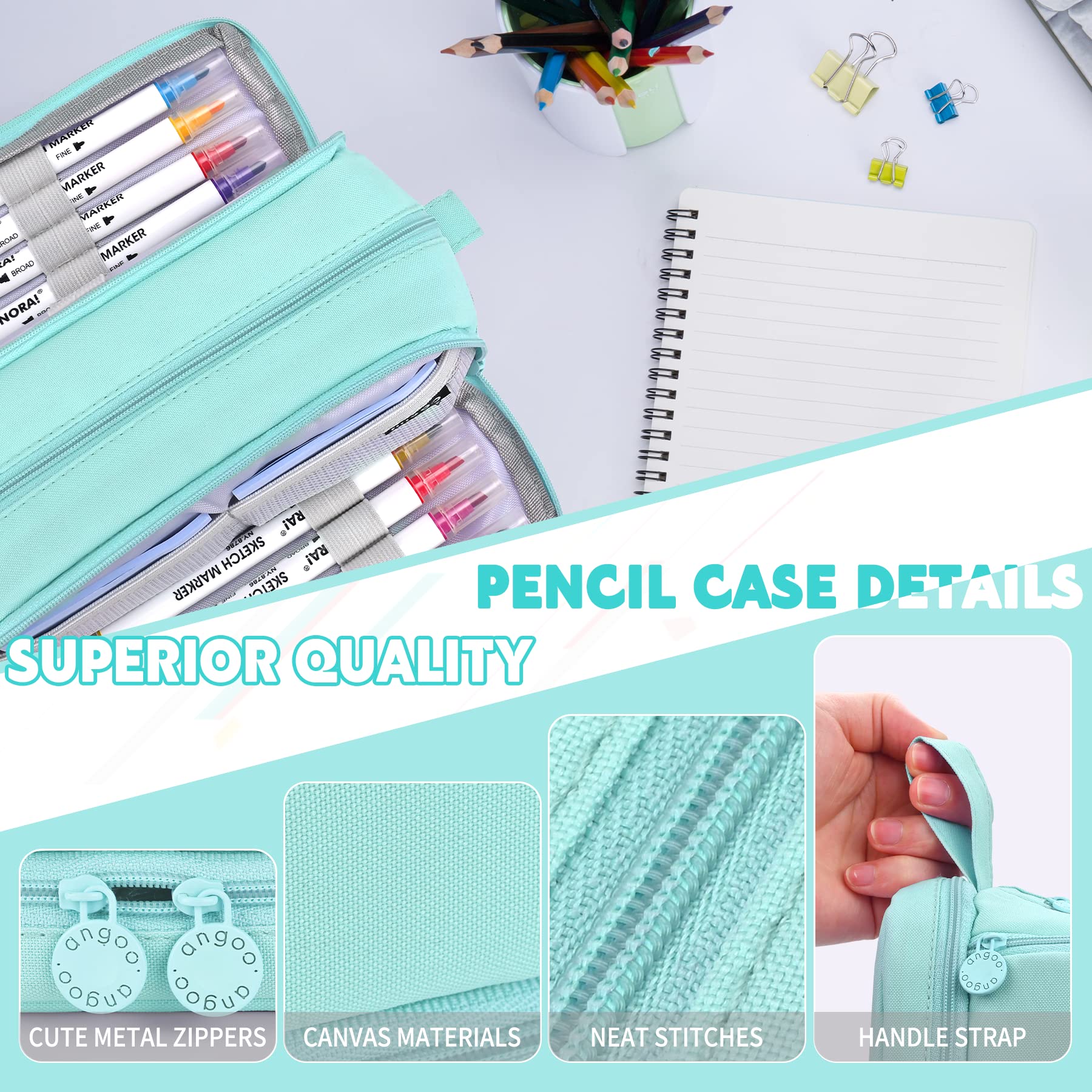 Howala Pencil Case Large Capacity Pencil Pouch for Girls Boys with 4 Compartments Multifunctional Pen Bag Stationery Organizer Office Makeup Bag Portable Pen Bag for Teenage Adult Women Light Green - Image 3