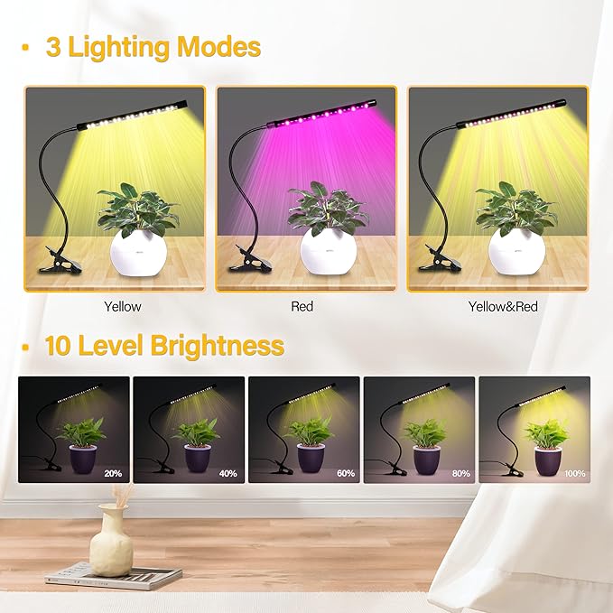 iPower iPower LED Grow Light with Full Spectrum for Indoor Plants, Adjustable Gooseneck, 2/3 Light Modes&5/10 Dimmable Levels, 3 Auto Timing Modes, 1 Tubes, Yellow photo 3