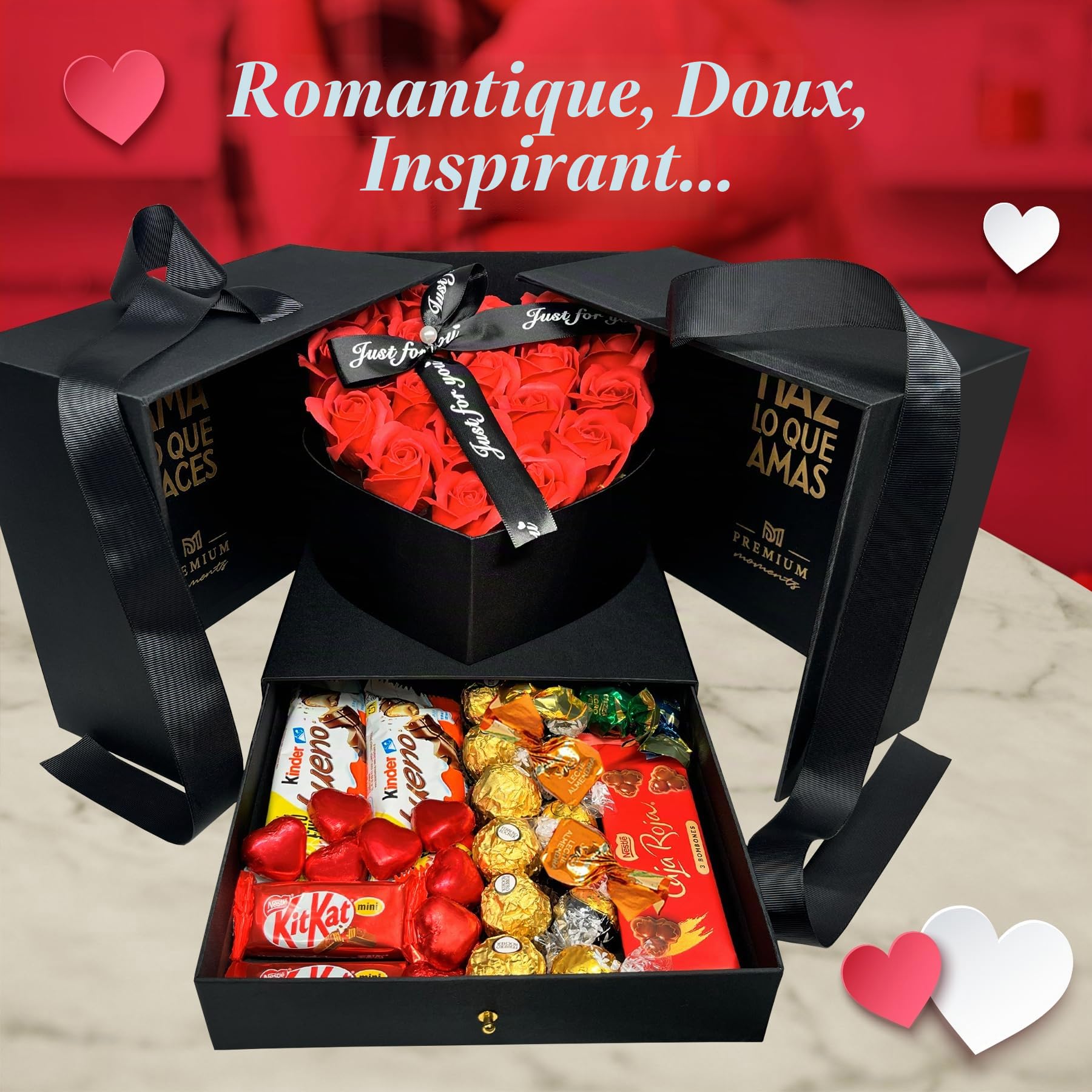 Coffret Écrin Premium de Saint-Valentin · Cadeau Deluxe avec 18 Roses Parfumées et plus de 36 Chocolats Ferrero Rocher, Lindt Lindor, Caja Roja, Cœurs en Chocolat, Kinder Bueno et plus · Écrin Réutili