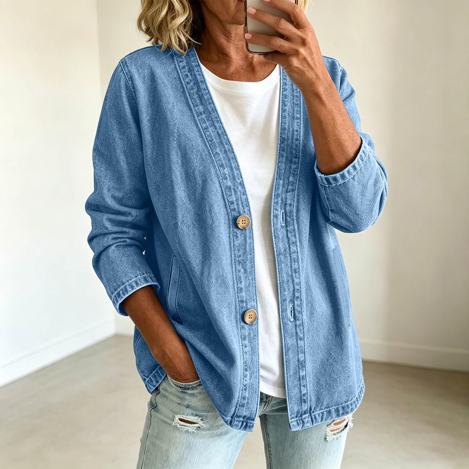 Jeansjacke Damen Oversize,Damen Jeansjacke V-Ausschnitt Langarm Leicht üBergangsjacke Mit Knopfleiste Vintage Cardigan FrüHlingsjacke Atmungsaktives DüNne Jeans Jacket Denim Jacken FüR FrüHling Herbst