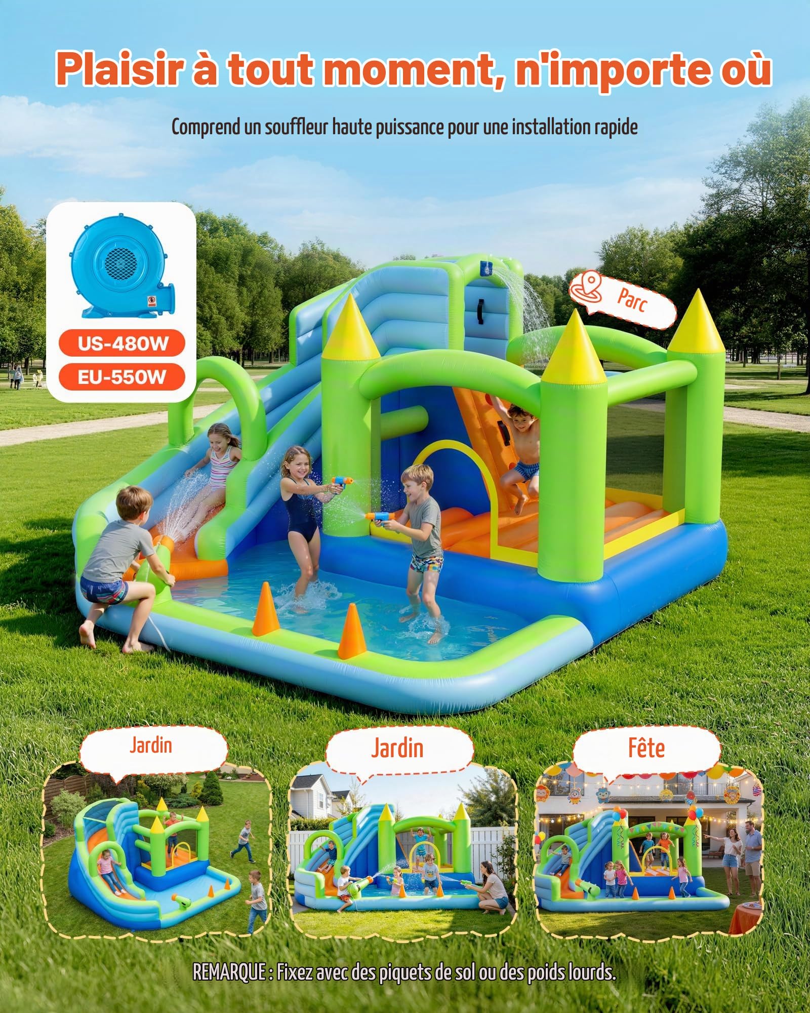 VEVOR Château Gonflable, Aire de Jeux Gonflable avec Toboggan Aquatique, Piscine, Zone de Saut, Canon à Eau, Panier de Basket, pour 3 à 4 Enfants de 3 à 8 Ans, 344x374x213 cm, Souffleur Inclus