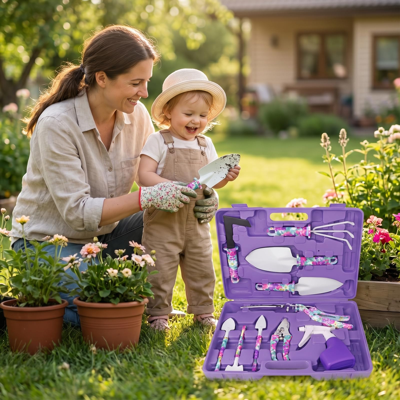 Outils Jardinage, Kit 10 Pièces avec Mallette, Motif Violet