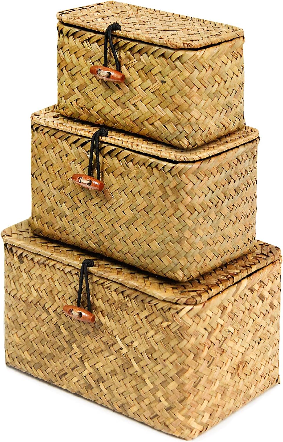 Shelf Baskets with Lid Set of 3 Handwoven Seagrass Storage Box Wicker Basket Desktop Makeup Organizer Multipurpose Container (Original (S/M/L)