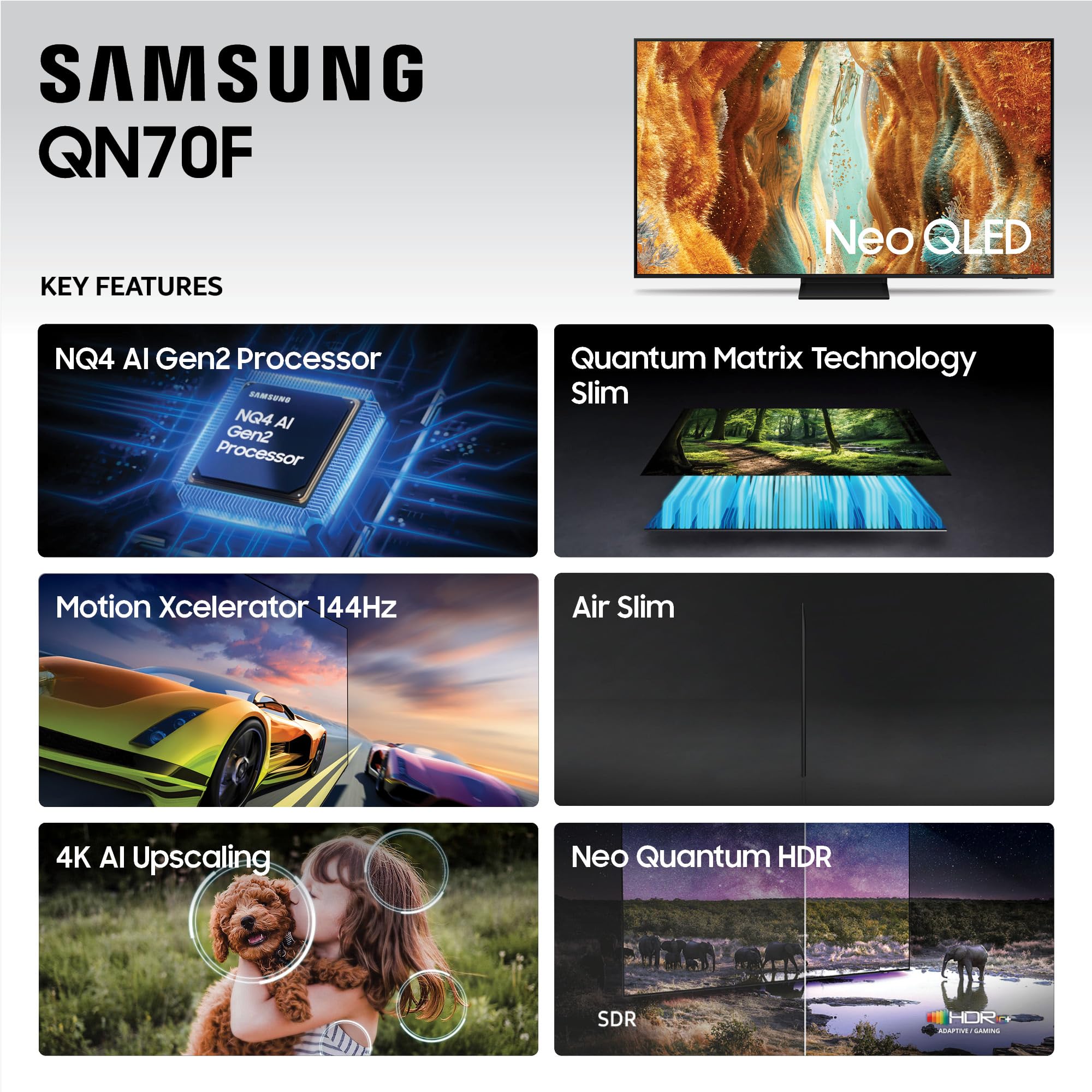 Samsung 55-Inch Class Neo QLED QN70F 4K Mini LED Smart TV (2025 Model) NQ4 AI Gen2 Processor, Quantum Matrix Technology Slim, Motion Xcelerator 144Hz, Samsung Vision AI, Alexa Built-in