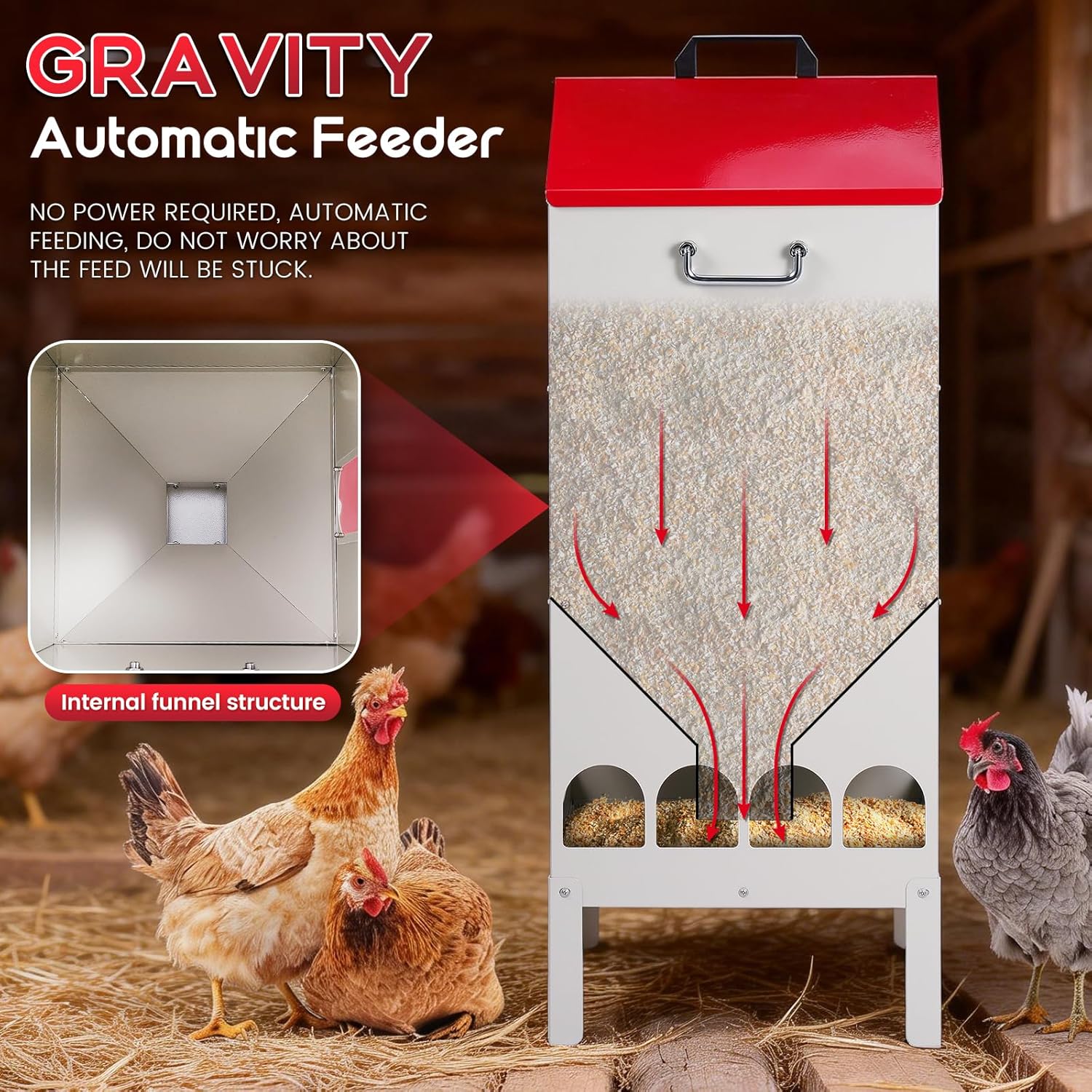 70-85lbs Automatic Chicken Feeder No Waste Gravity Poultry Feeder with 16 Ports and Visible Feed-Level, Chicken Food Dispenser for Duck, Goose, Turkey