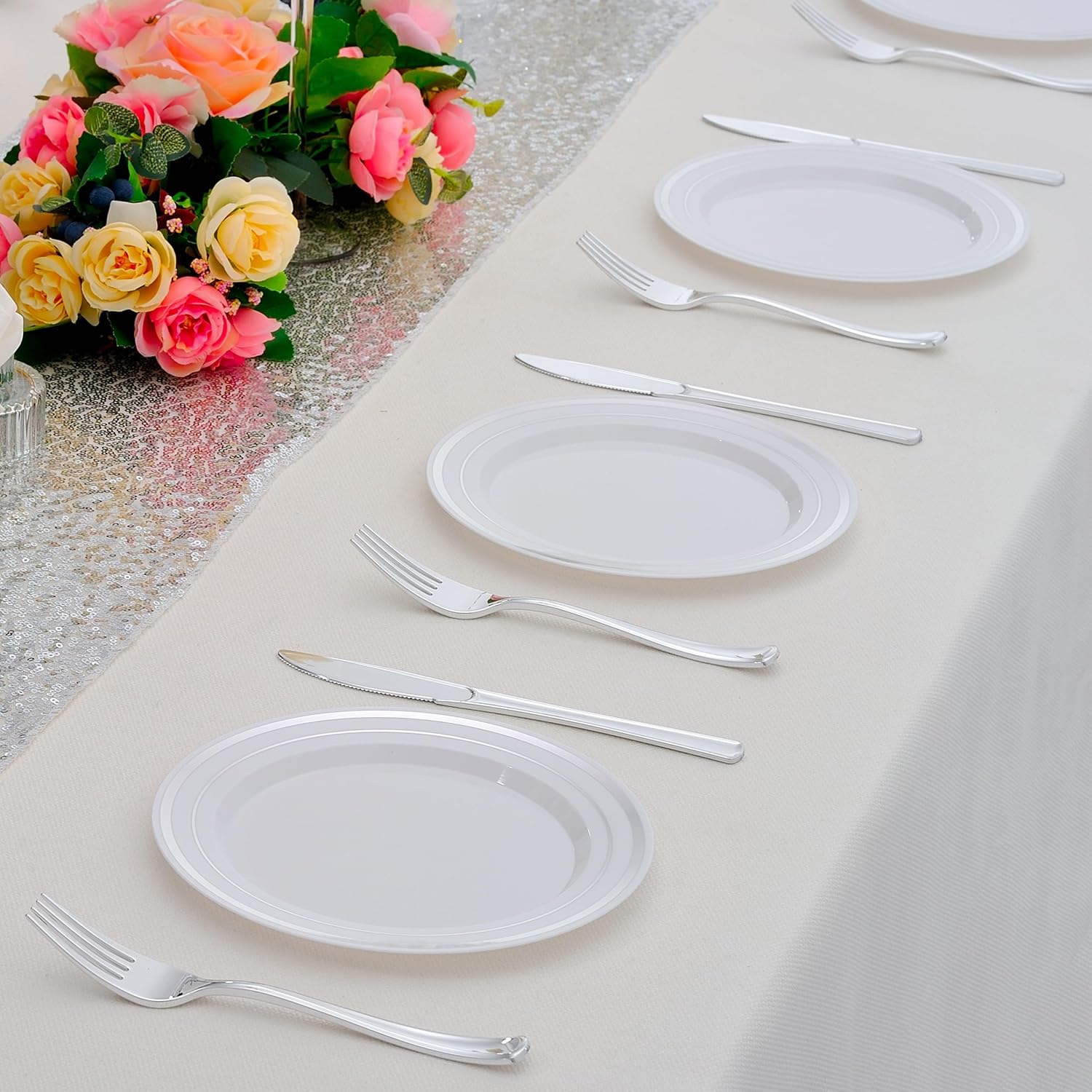 200pcs Silver Dessert Plates with Forks for 100 Guests-100pcs 7.5" Disposable Silver and White Small Plates with 100pcs 7.4" Forks-Cake/Appetizer/Salad Plate for Wedding,Birthday,Party - Image 7