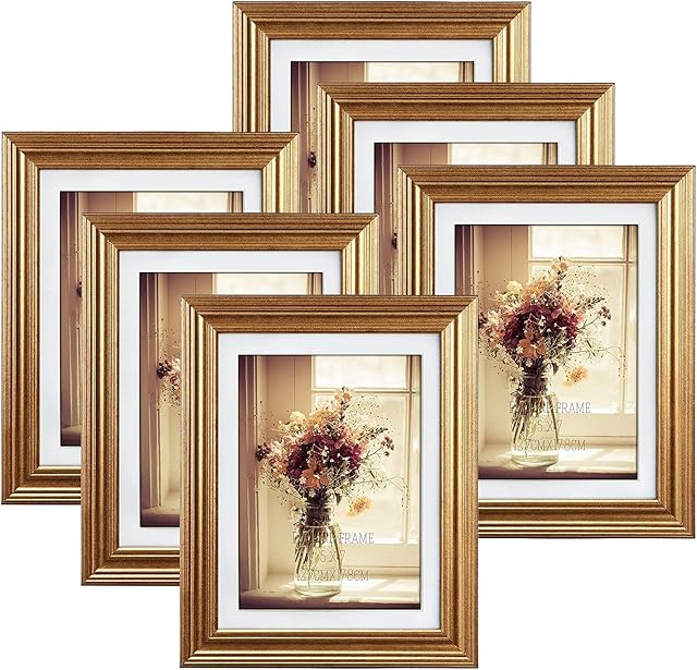 RLAVBL 7x5 Picture Frames Set of 6, Gold Photo Frames for Wall or Tabletop Display 5x7 Pictures with Mat or 6x8 Without Mat