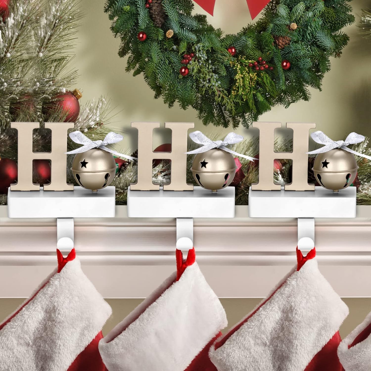 UNIQOOO Champagne Gold HoHoHo Christmas Stocking Holder Set of 3, Max 2Lb, Heavy Duty, Padded Grip Bottom, White Christmas Mantel Hooks Fireplace Garlands Wreath Decoration Hanger, w/Bells Ribbon