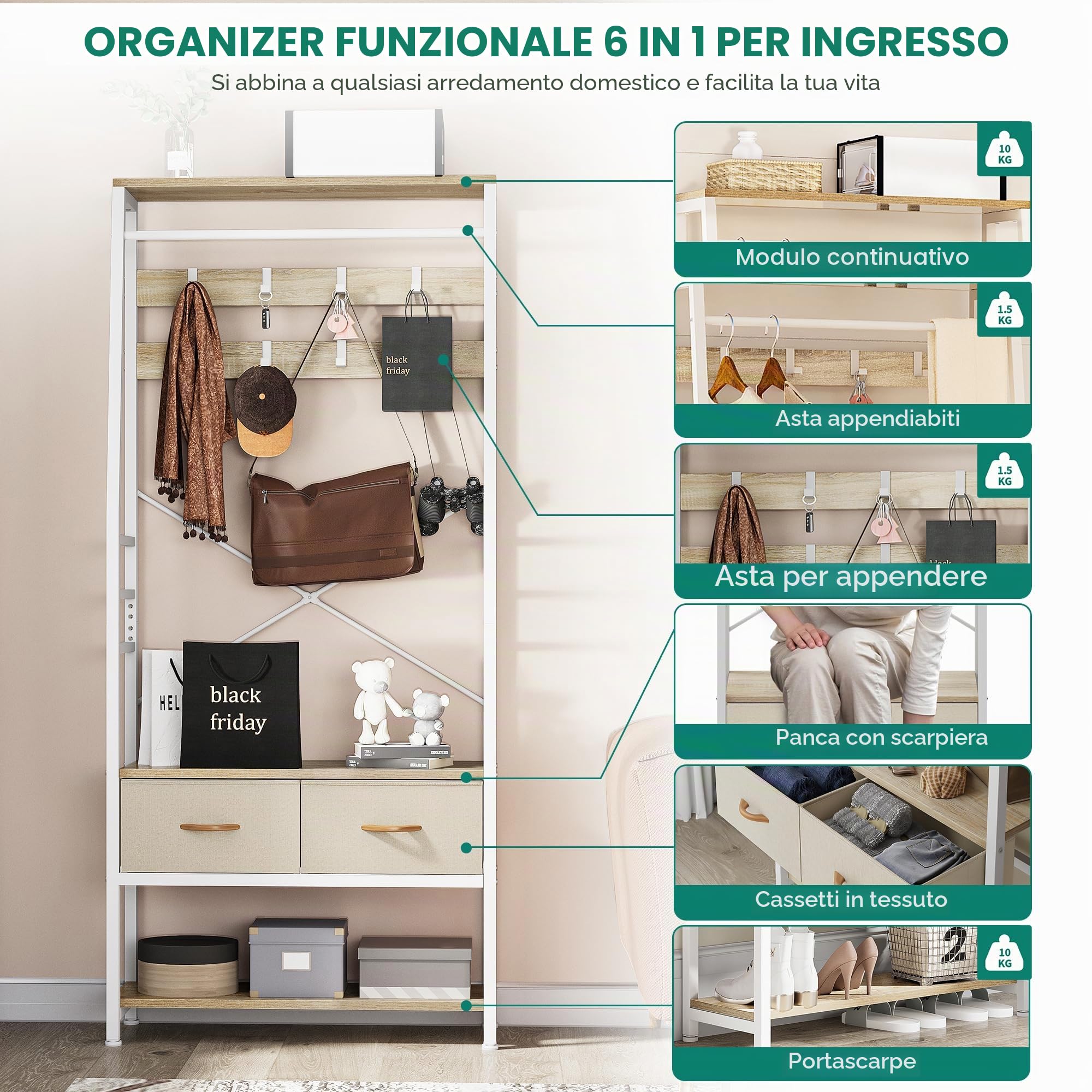 YITAHOME Appendiabiti, Attaccapanni da Ingresso 6 in 1 con 2 Cassetti, Porta Abiti da Terra con Vano Portascarpe, Asta Appendiabiti in legno e Metallo, per Soggiorno Ingresso, Bianco e rovere