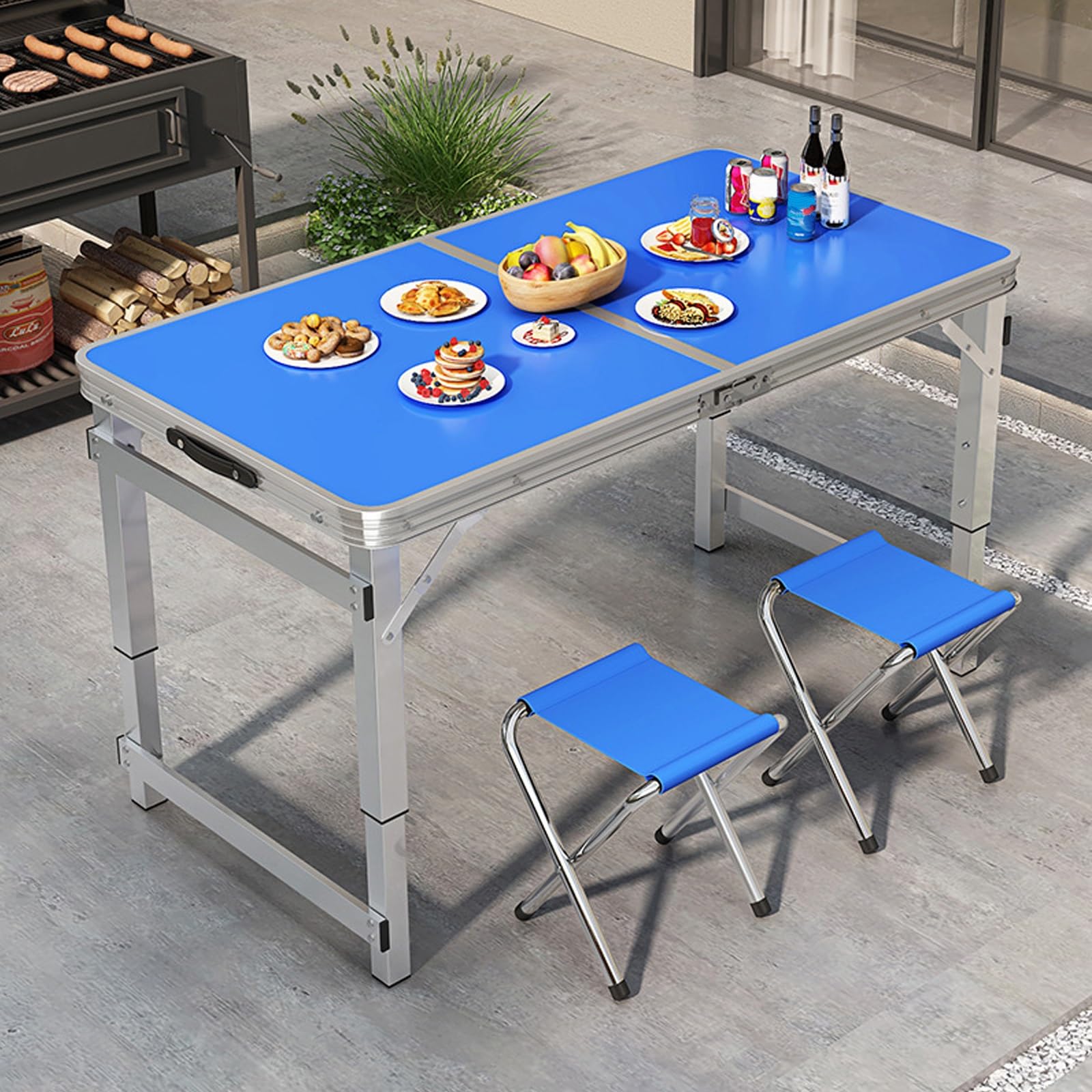 Table pliante portable bleue réglable en hauteur avec tabouret compact