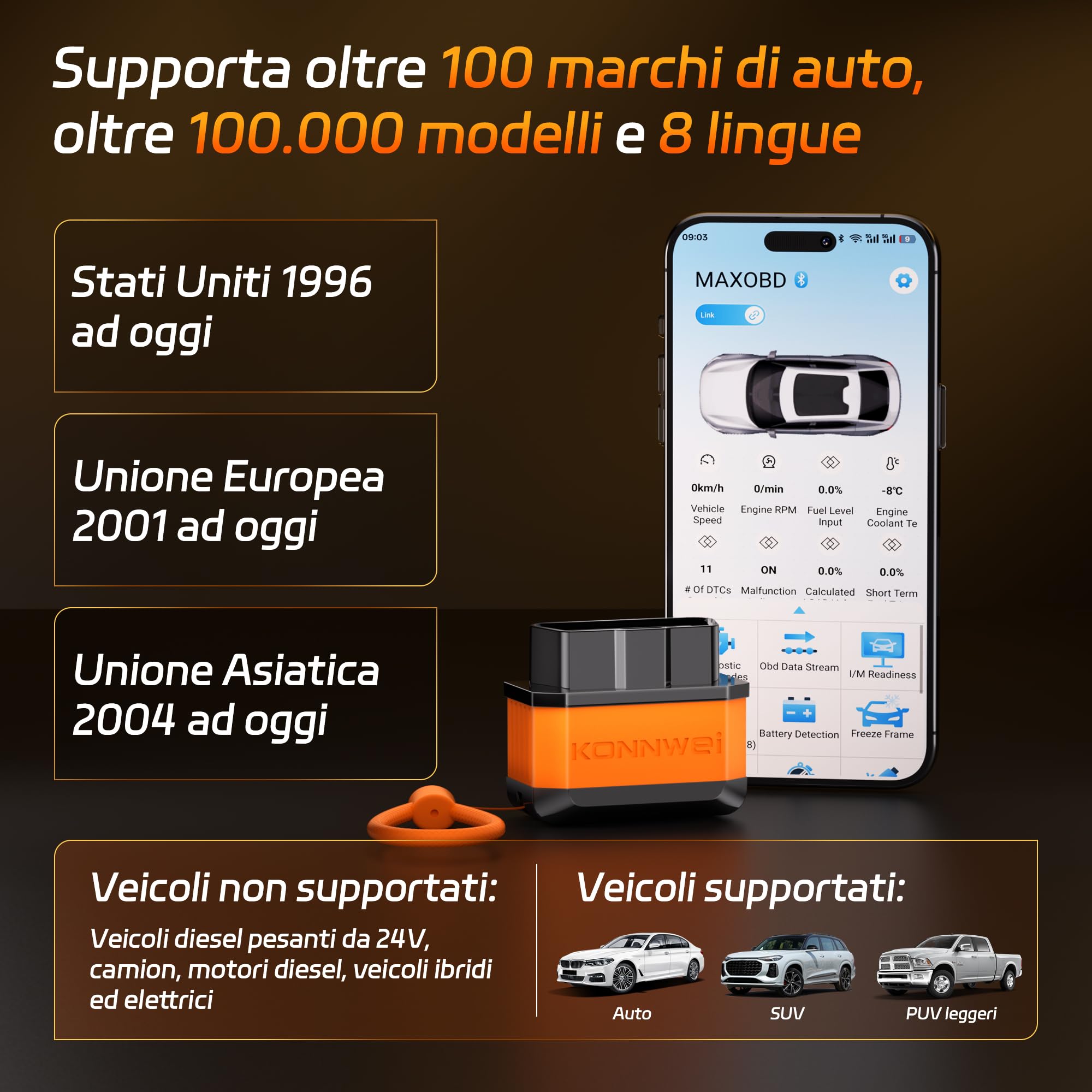 KONNWEI OBD2 - Dispositivo diagnostico Bluetooth, scanner wireless per auto, lettore di codici diagnostici con interruttore di alimentazione - Strumenti diagnostici OBD-II per iOS, Android e Windows