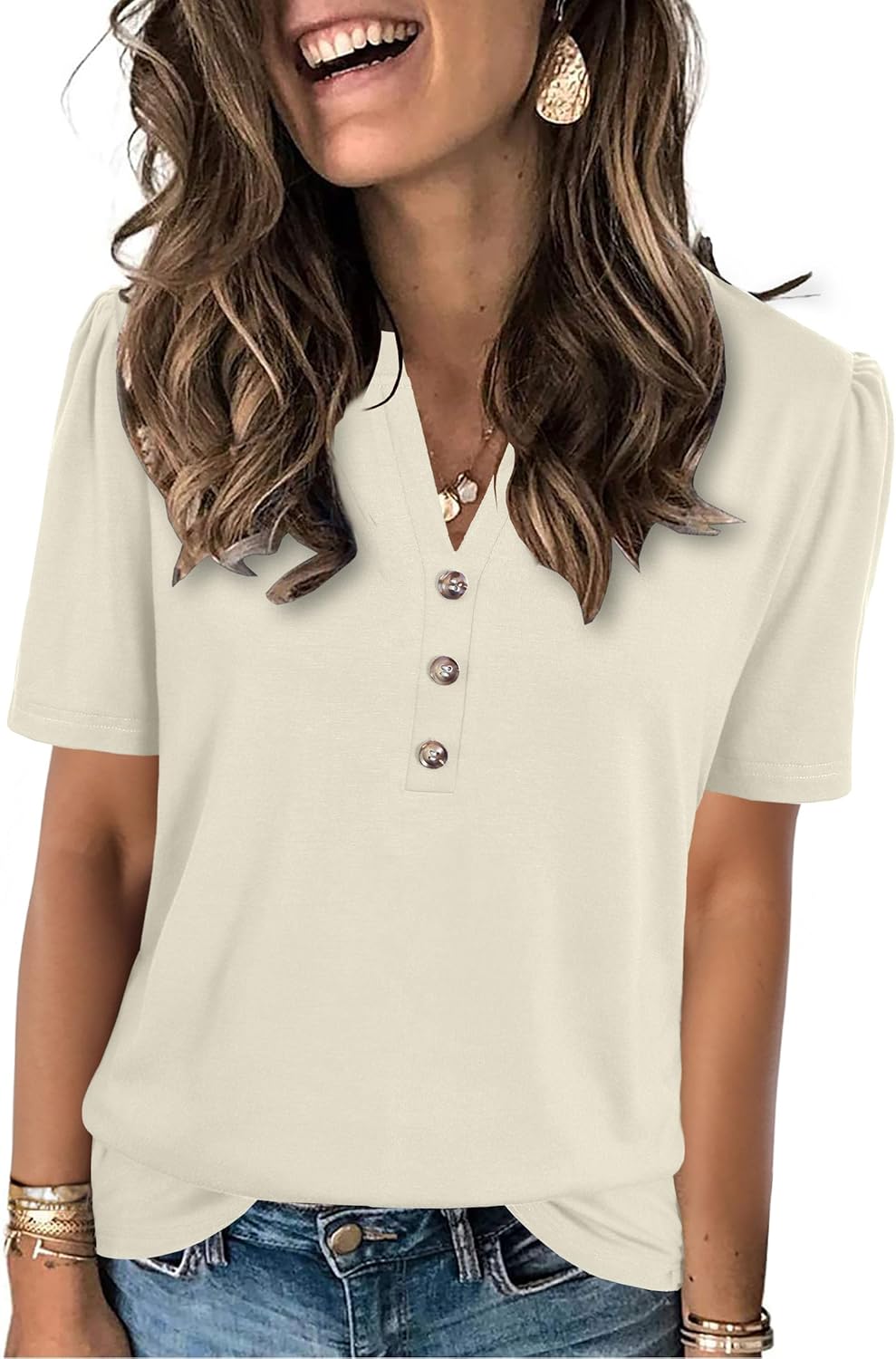 Womens Tops Summer 2025 Short Sleeve Casual Shirts Fashion Loose Fit Clothes (Small Apricot) Thumbnail
