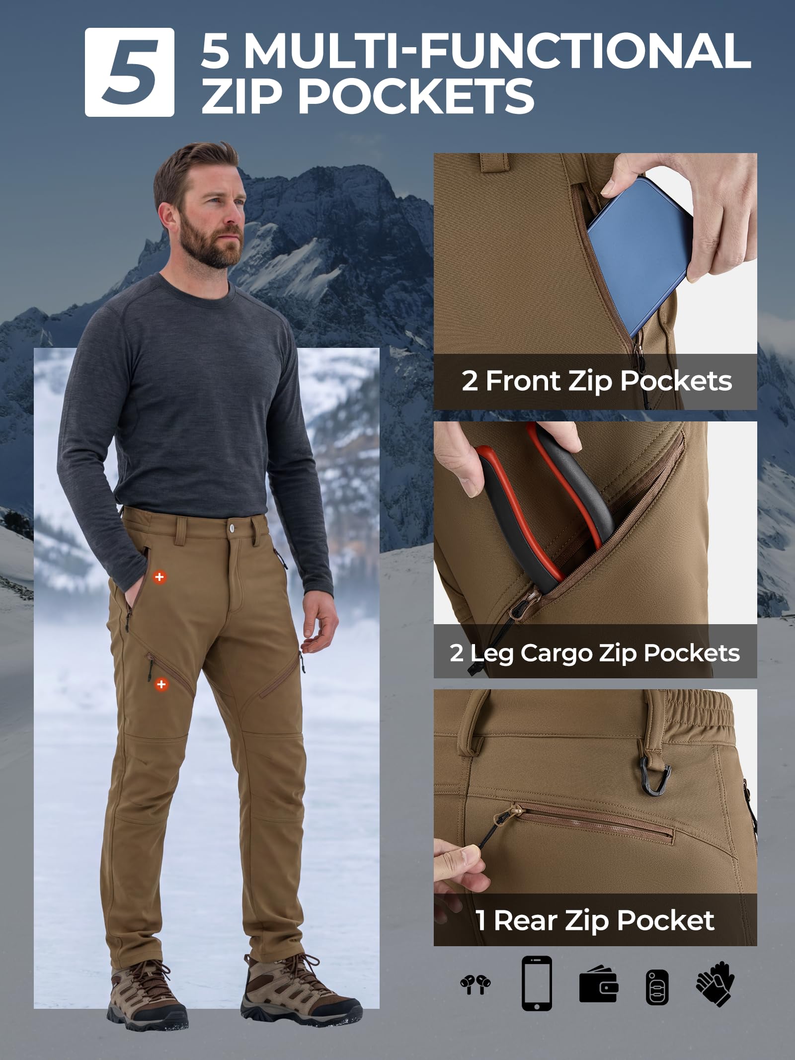 Winter Wanderhose Herren Softshellhose Wasserabweisend Winterhose Warme Thermo Fleece Gefüttert Snowboardhose
