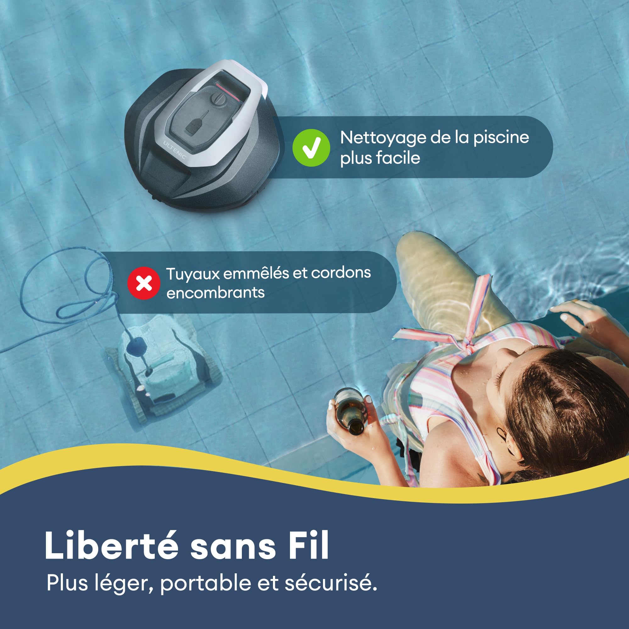 Ultenic Robot Piscine sans Fil, Conception de Récupération sans Crochet, Aspirateur Piscine Automatique Auto Stationnement, Moteurs Doubles, Convient à Une Large Gamme de Piscines