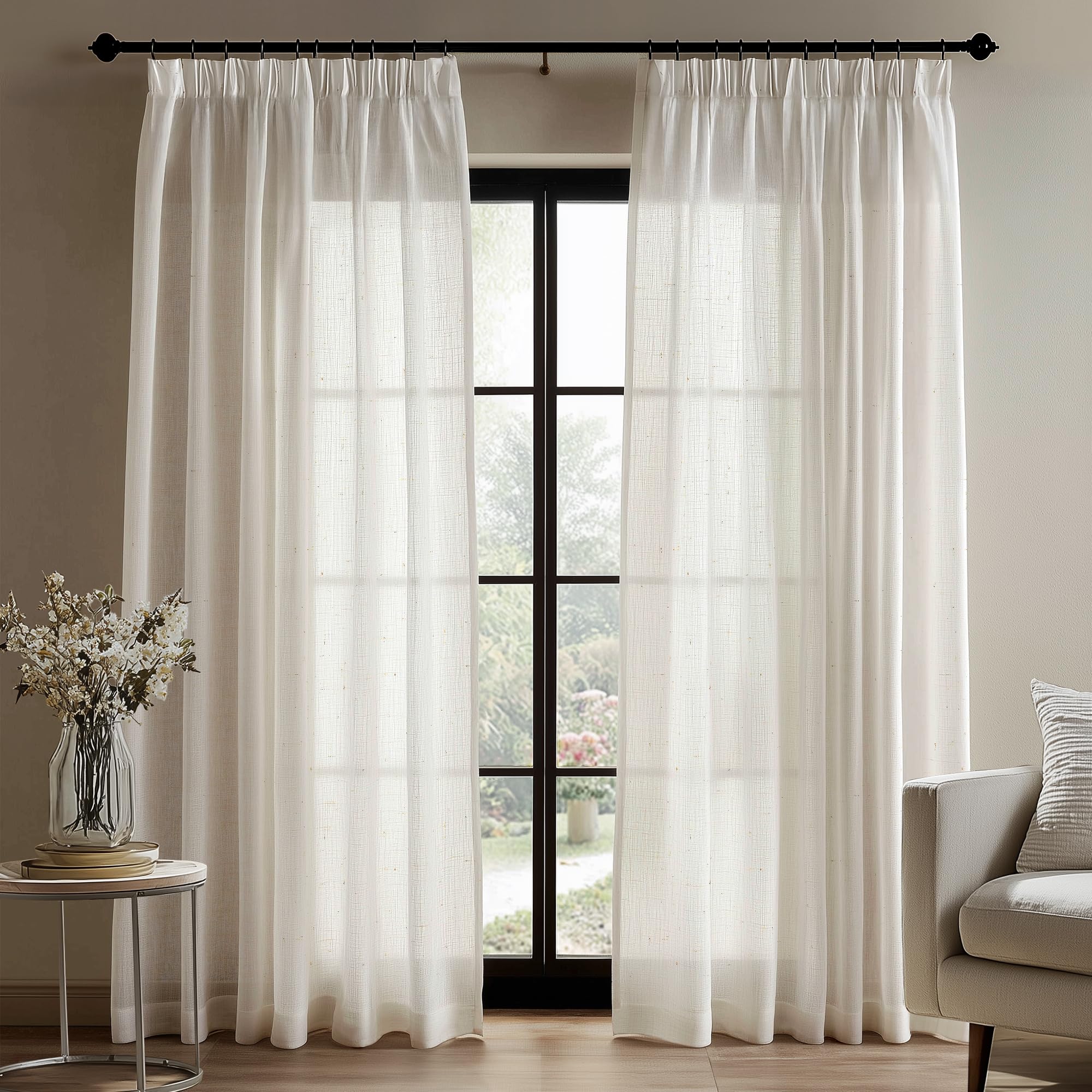 Deconovo Linen Look Net Curtains Home Decorations Semi Transparent Pencil Pleat Curtains Voile Sheer Panels for Bedroom Window W55 x L96 Inch - Image 2