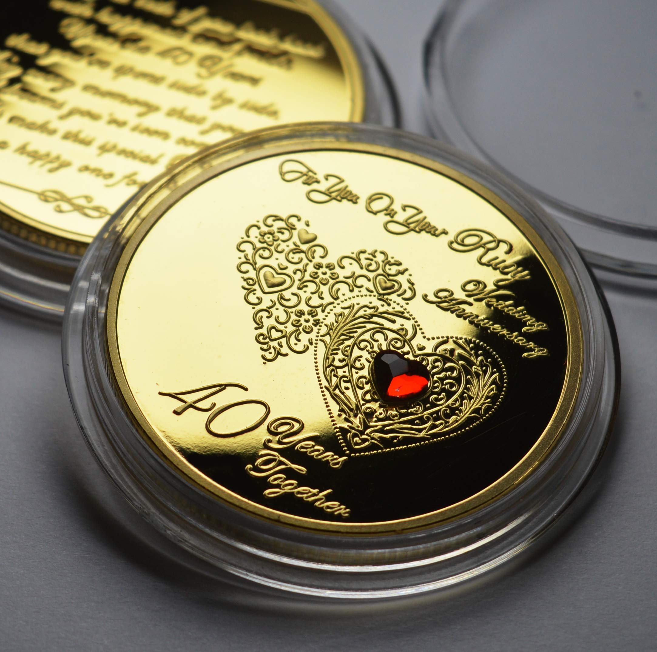 The Commemorative Coin Company 40th RUBY WEDDING ANNIVERSARY 24ct Gold Commemorative with Ruby Gemstone. Gift/Present. 40 Years Together. Husband/Wife/Parents