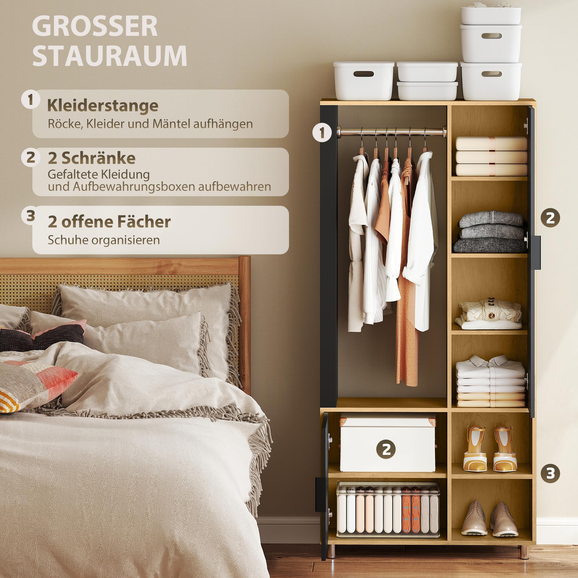 HOMCOM Garderobe Set mit Spiegel, Flurgarderobe, Kleiderstange, Schuhschrank, 80x30x175 cm, Naturholz