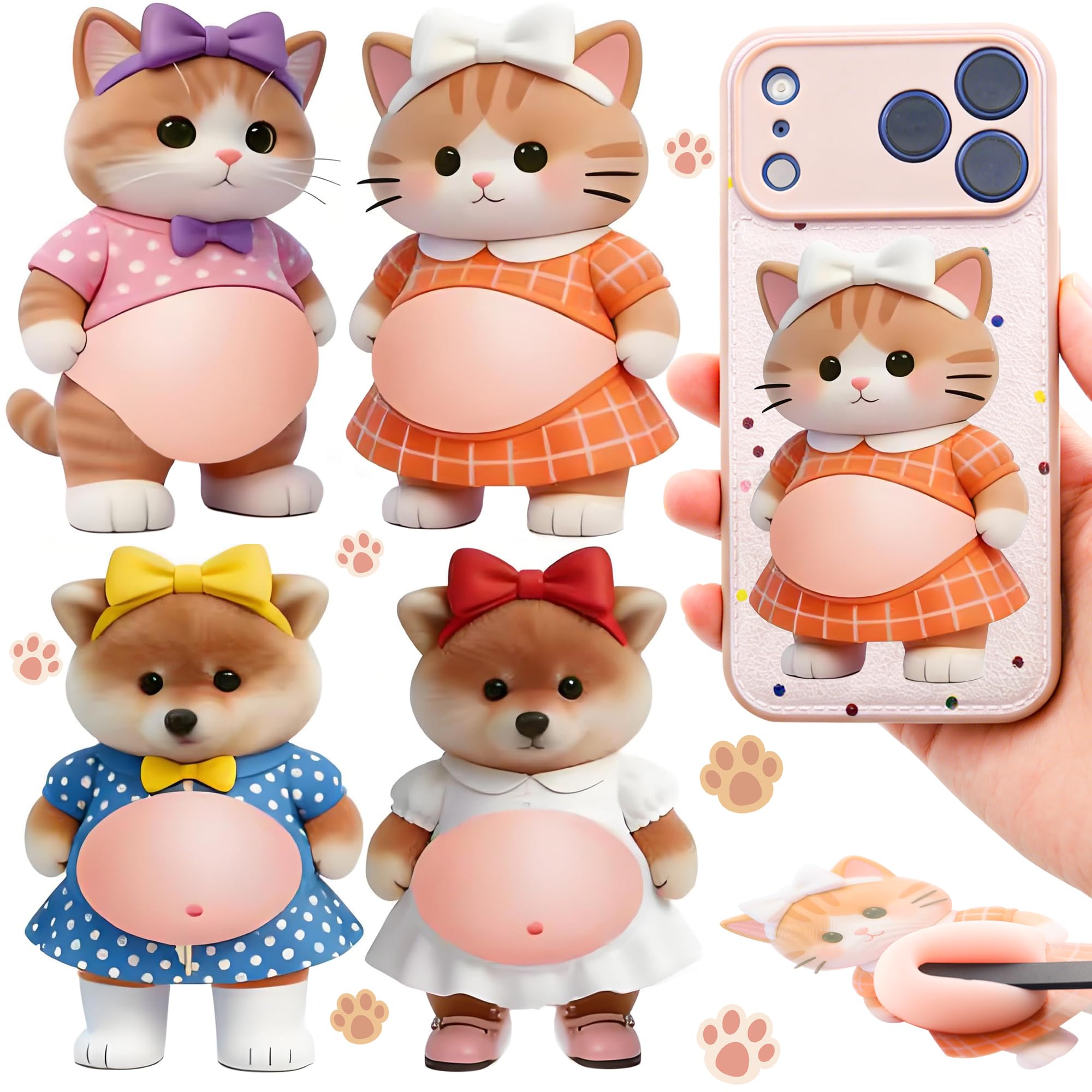 犬 お腹 シール3D 立体シール ぷにぷに おなか ステッカー 柔らかいお腹 かわいい立体デコレーション 携帯電話飾り用 DIY用 手帳用 日記帳用 车用 ストレス解消 癒しグッズ ギフトに最適 猫1組・犬1組(4枚セット)
