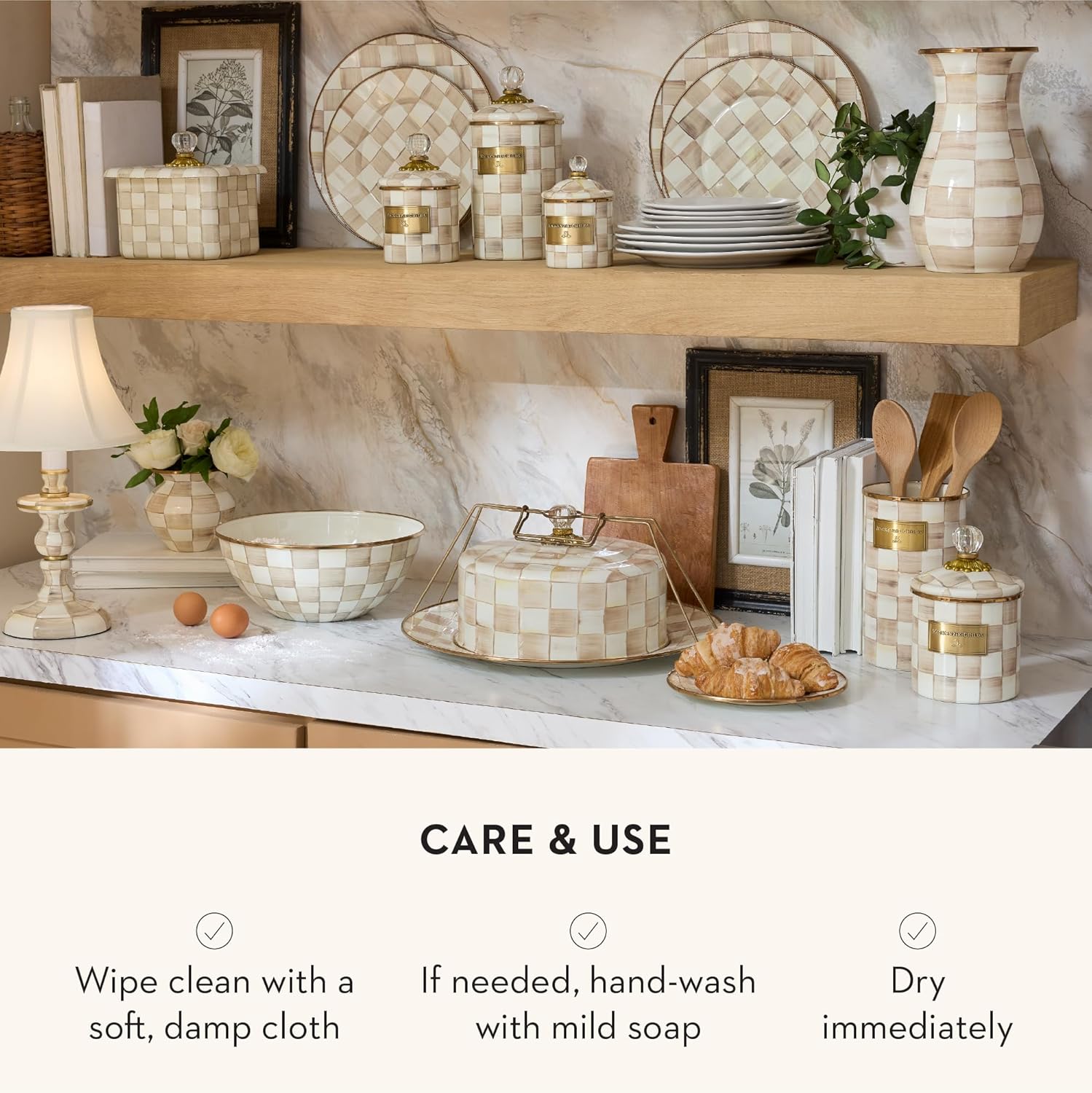 MACKENZIE-CHILDS Enamel Cake Carrier, Cake-Dish Serving Platter with Lid and Handles, Brown-and-White Mocha Check