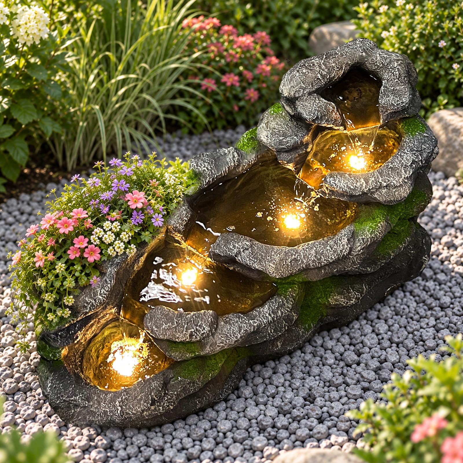 37.8" L Water Fountain Outdoor, 5-Tier Rock Waterfall Fountain with LED Lights and Planting Pot for Patio, Porch, Backyard, Garden Decor