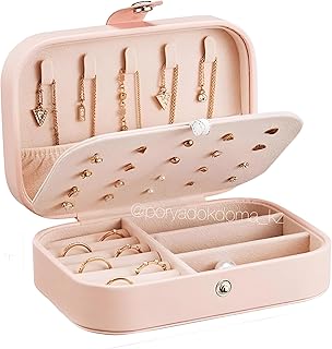 صندوق مجوهرات جلدي للسفر، منظم مضغوط للنساء والفتيات، حامل مجوهرات مكون من 3 طبقات مع خطافات، مثالي لتخزين الأقراط والخواتم والأساور أثناء التنقل (وردى)