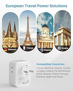 European Travel Plug Adapter, ORNLONGTU US to Europe Type E F Power Adaptor with 20W USB-C & 3 AC Outlets, Germany France Schuko Travel Adapter for US to EU Spain Iceland Korea Greece German French