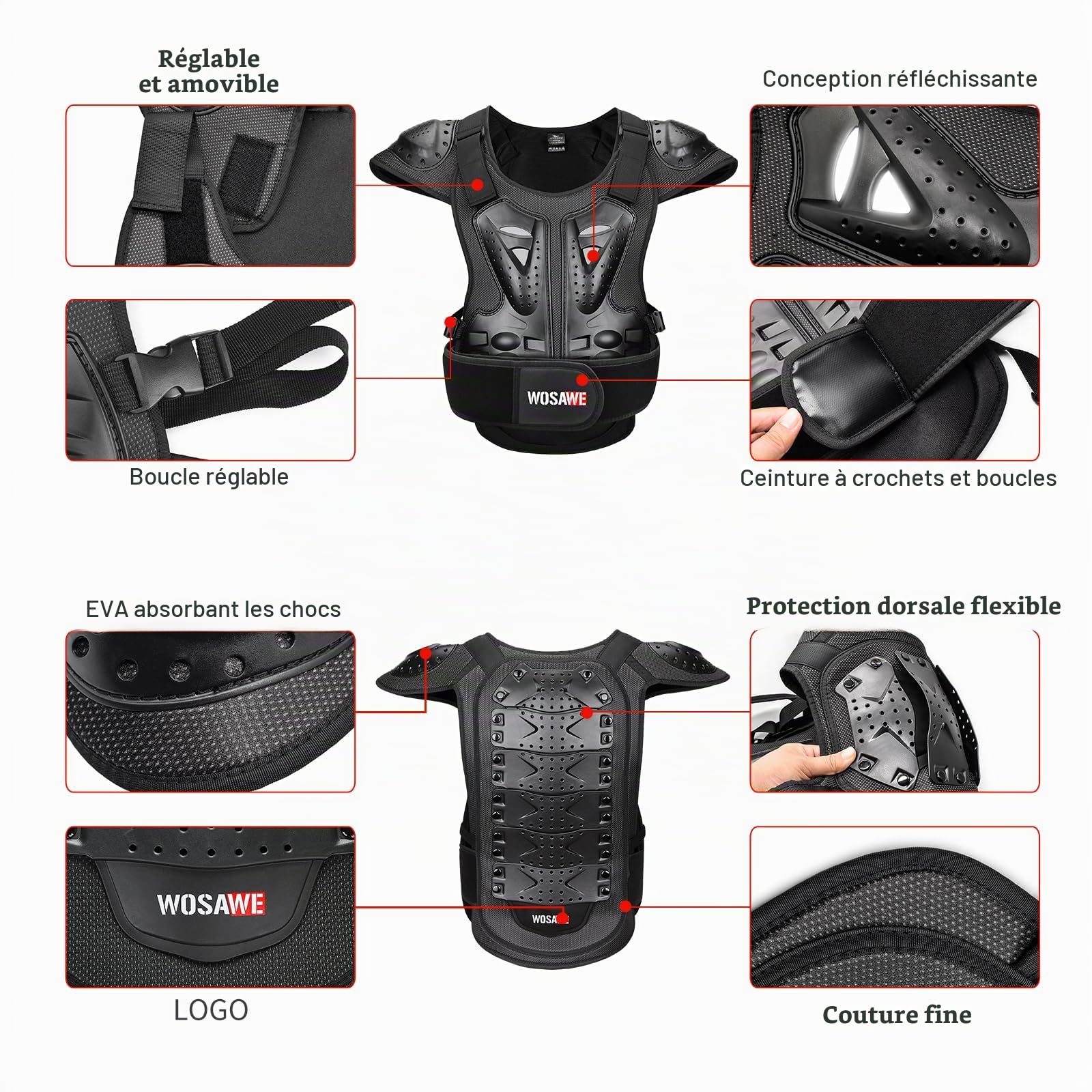 WOSAWE Adultes Gilet de Protection, Respirant Armure Protecteur Le Dos et la Poitrine pour Moto Cyclisme Patinage Snowboarding (15 Noir, L)