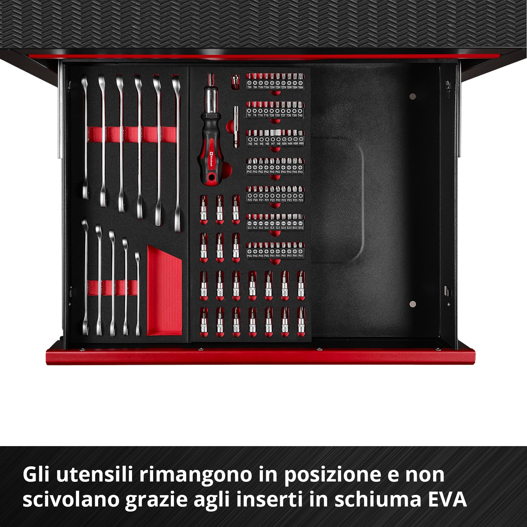 Einhell 149 pezzi carrello portautensili da officina | Inserti da 25 mm | chiavi combinate | set di bussole | cricchetto | pinze | martello da meccanico | livella | metro a nastro