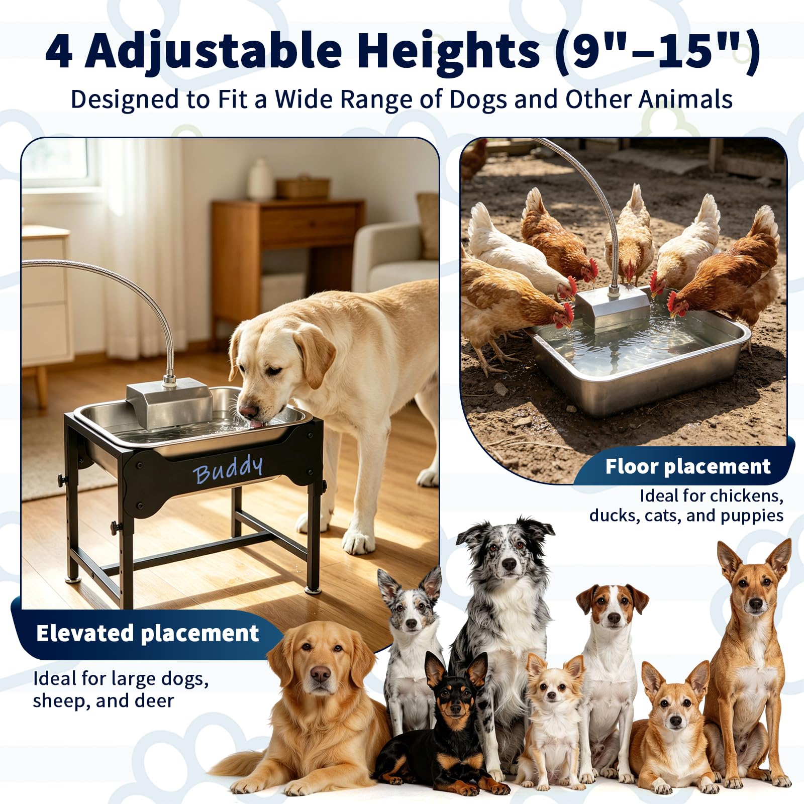 BWOGUE Dispensador automático de cuenco de agua para perros de 3 galones para razas grandes al aire libre, dispensador automático elevado de agua para perros exteriores, bebedero de acero inoxidable