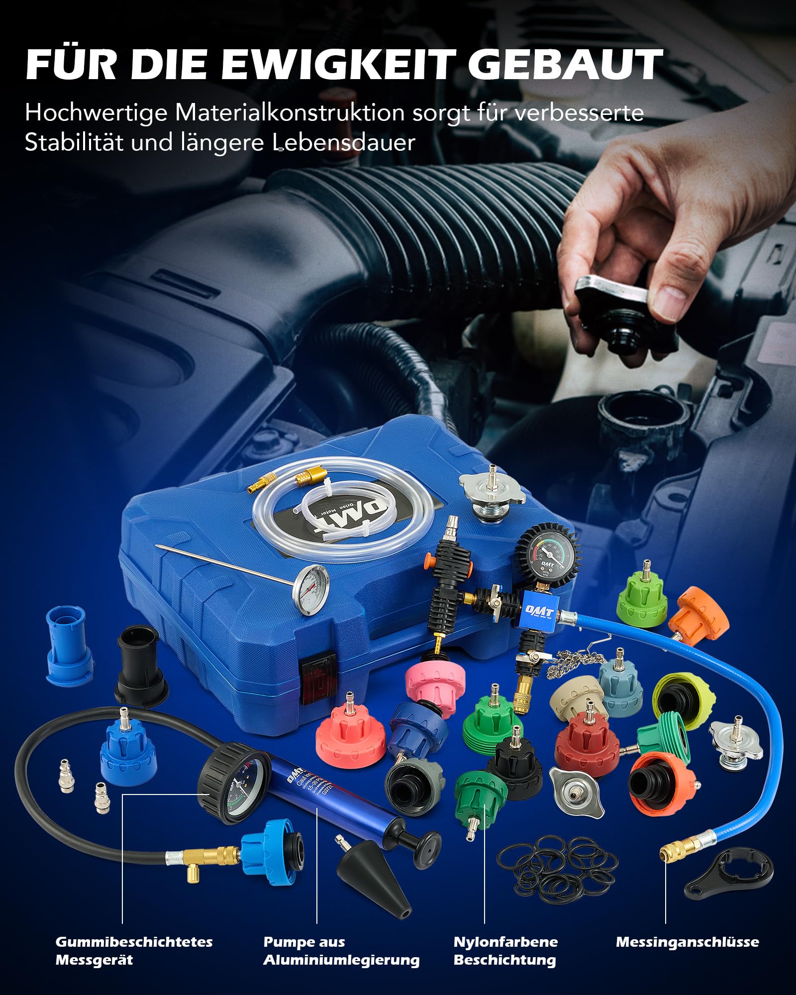 Orion Motor Tech 31tlg Kühlsystem Abdrückgerät Kühlsystemtester Kühler Abdrückgerät, farbkodiert, Kühlmittel Testkoffer zum Prüfen & Befüllen von Kühlsystemen - 2in1 Kühlmittel Prüfer