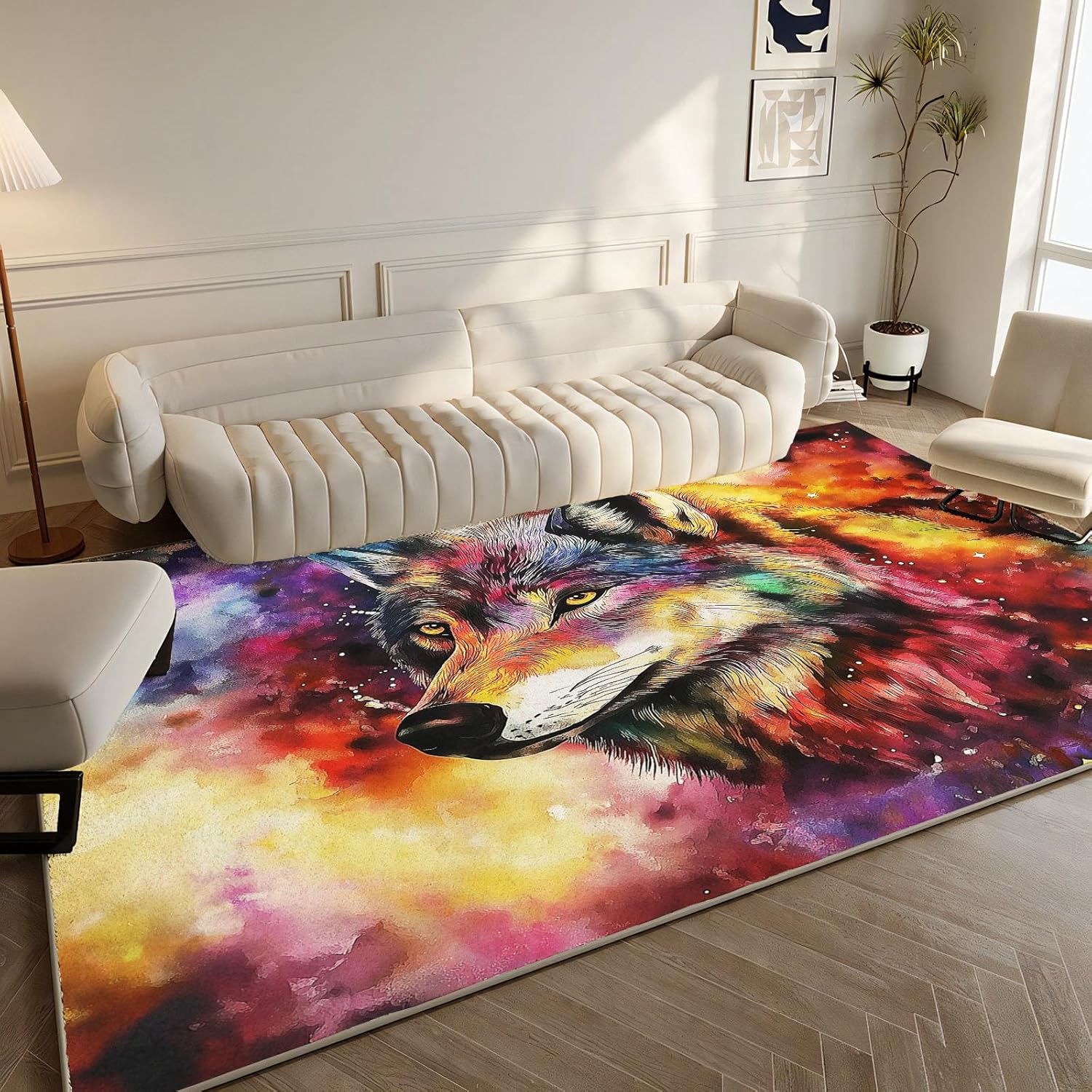 Carpet for Living Room, 4×6 Ft Super Soft Washable Rugs, Low Pile Wolf Head Colorful Watercolor Rugs for Bedroom Non-Slip Area Rug, Nursery Rug for Kids Dining Room Playroom
