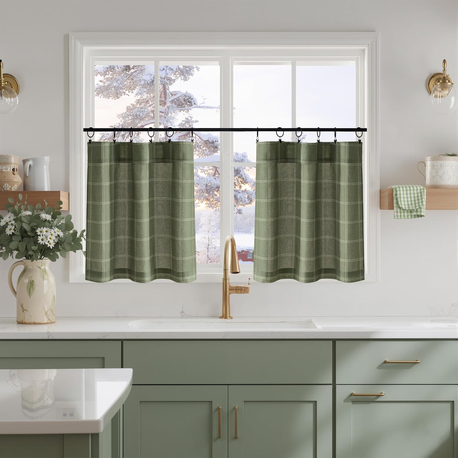 NICETOWN Linen Plaid Curtains Tiers 24 Inch for Kitchen Window Farmhouse Cafe Curtains Small Rustic Light Filtering Half Window Drapes for Living Room, Rod Pocket Back Tab, 2 Panels, Moss Green