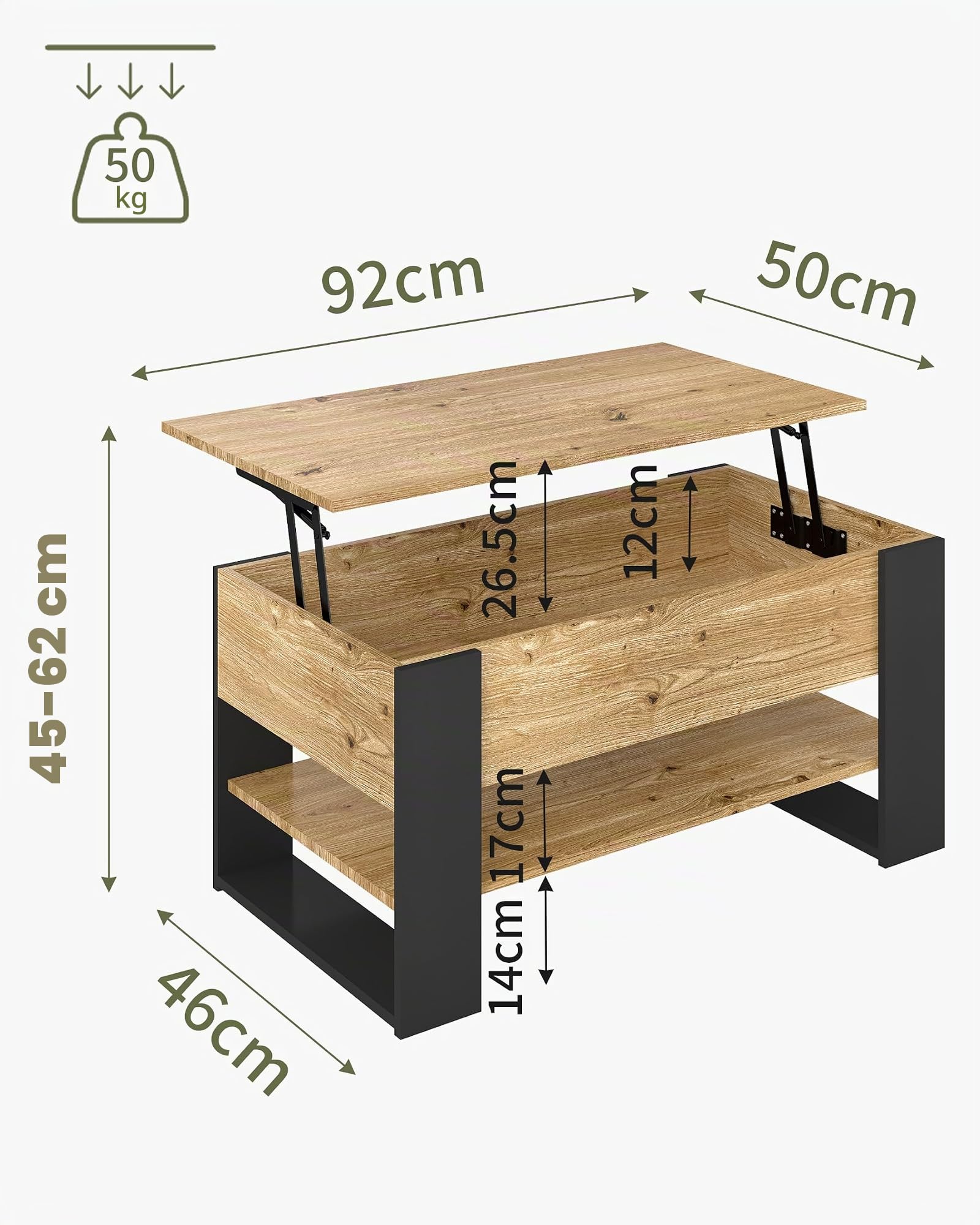 Mesa de Centro Elevable 45-62cm, Coffee Table con Luz LED, Mesas Auxiliares para Salon 92x50cm, Mesa de Centro Madera Roble, Muebles de Salon con Patas Negras U