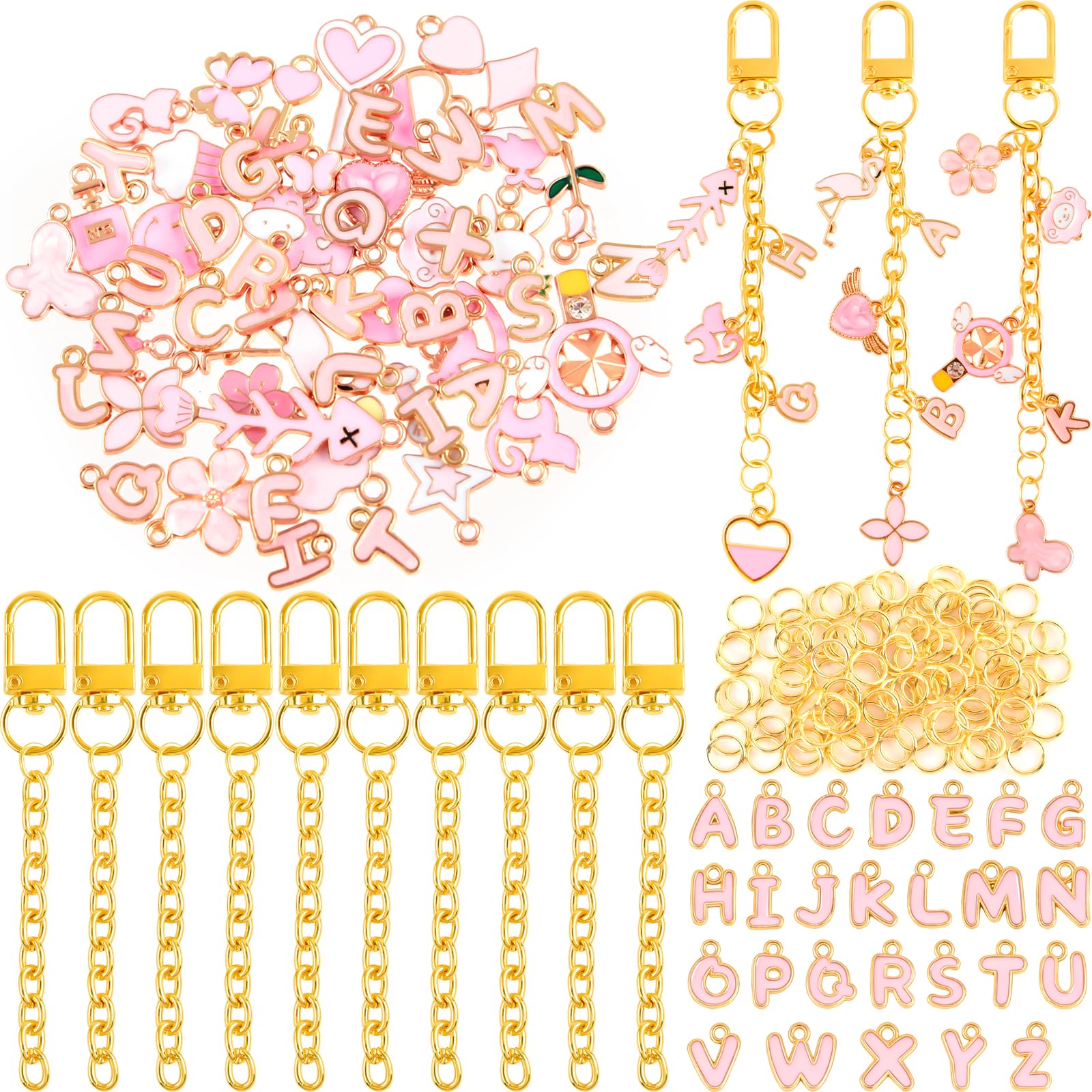 NEBURORA Bag Charms Kit Lip Gloss Keychain Making Kit,56 Cute Charms 10 Keychain Clips with Key Chain Hooks and 100 Jump Ring Jewelry Making Kit for DIY Women Gifts Craft Supplies（Pink