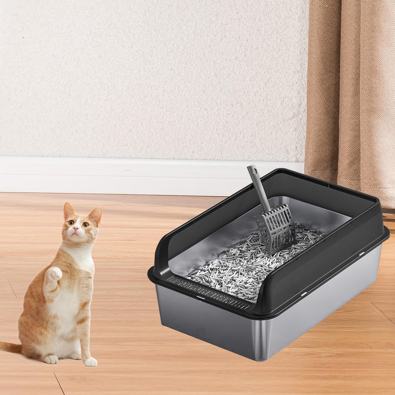 Edelstahl Katzentoilette ohne Deckel, Katzenklo Hoher Rand Offen, Antibakterielle Katzenklo Metall mit Spritzschutz, Open Top Pet Litter Box mit Schaufel und Anti-Rutsch-Matte, 50 * 35 * 15cm