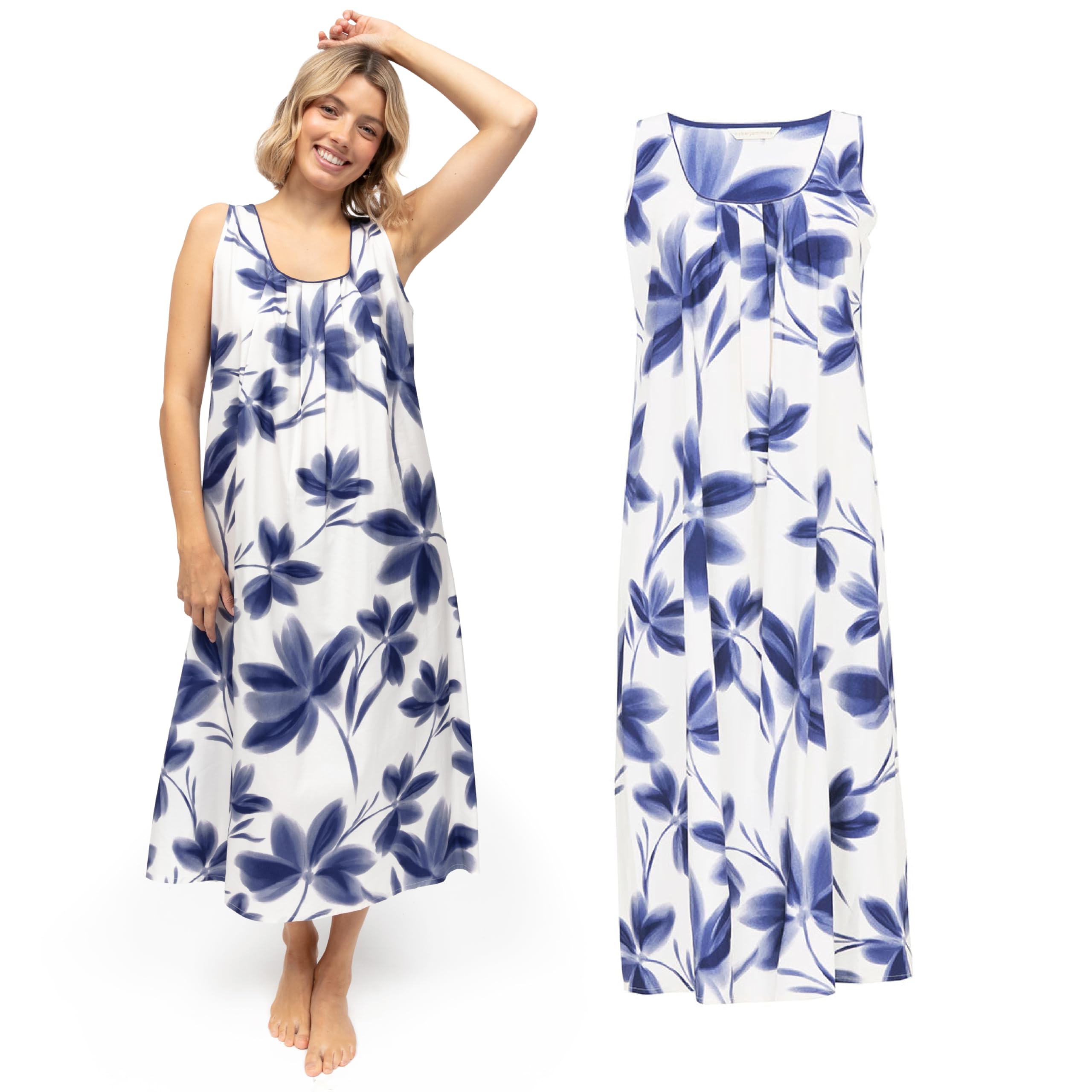 Cyberjammies Women's Indigo Floral Indigo Floral Print Long Nightdress | Soft Cotton Modal Pyjamas | Comfortable Pjs Nightie | Elegant Lounge Wear Nightdress