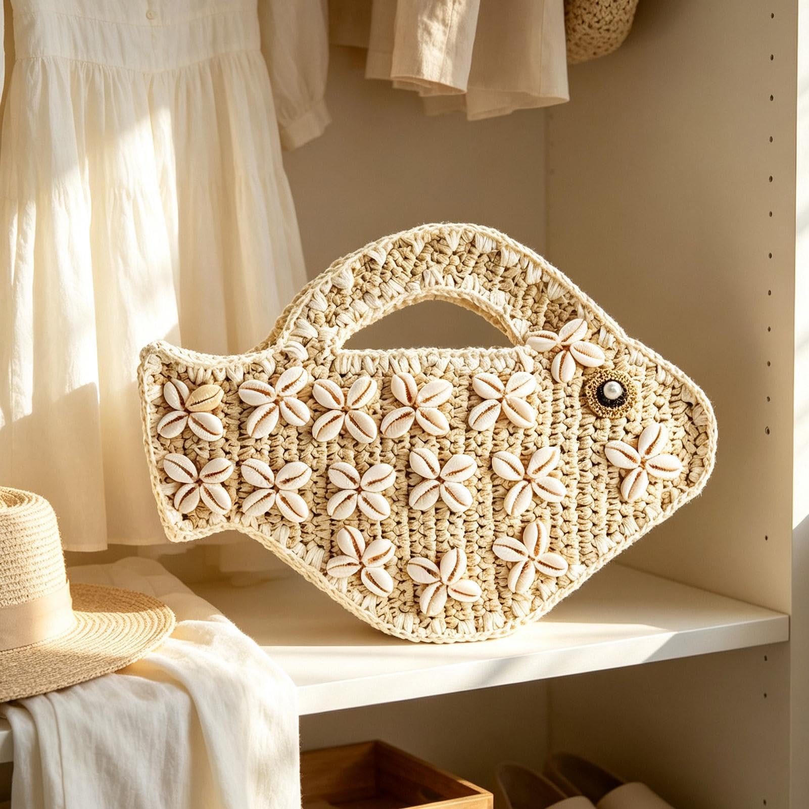 Generico Clutch Pesce Borsa Decorativa A Forma Di In Paglia E Conchiglie | Pochette Intrecciata Estiva Da Spiaggia Per Donne Ragazze Picnic All'Aperto Vacanza Al Mare
