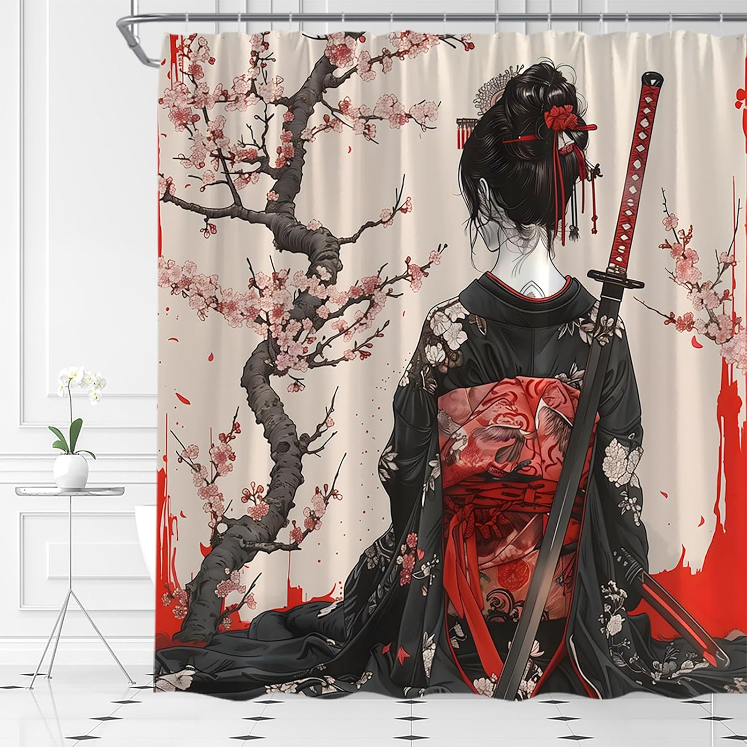 Japanese Geisha Shower Curtain Cherry Blossom Samurai Asian Traditional Oriental Costume Aesthetic Bathroom Curtain Set with Hooks(91" Wx70 H)
