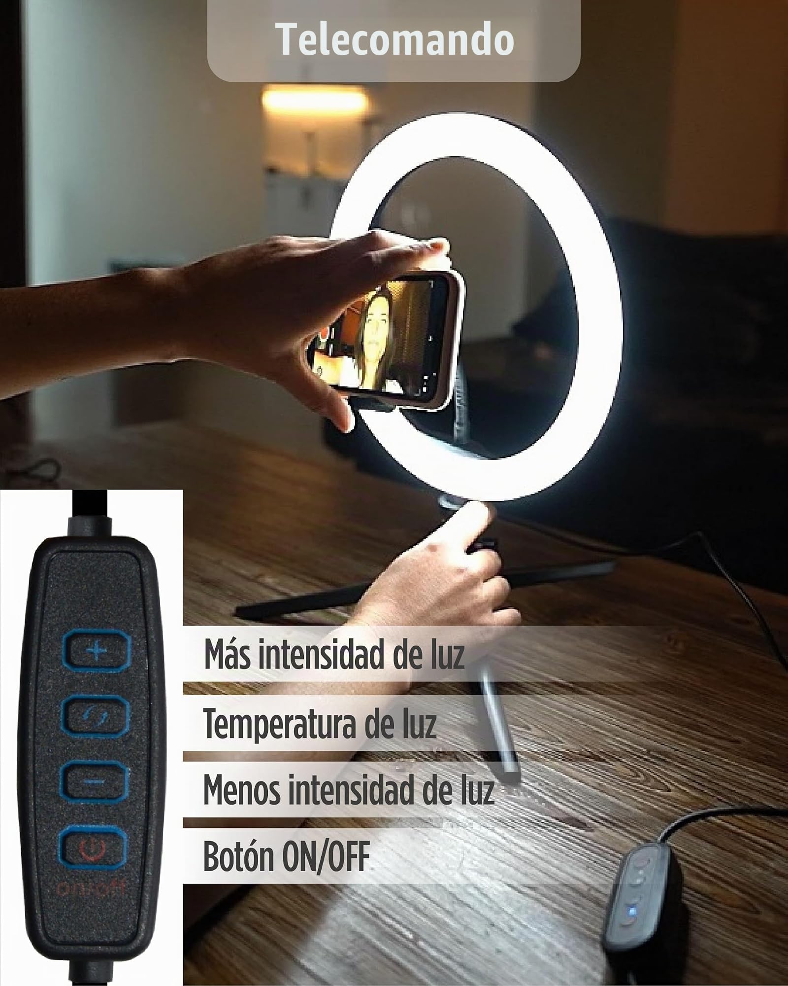KSIX - Treppiede da tavolo regolabile, 15 colori ed effetti, anello di luce a LED per cellulare, 3 temperature di luce e 10 intensità di luminosità, per Tik Tok, fotografia, selfie