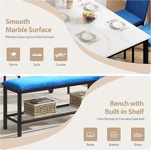 Miniatura 4 de HUGROVE Juego de mesa de comedor de 4 piezas para 4, mesa de cocina de 47.24 pulgadas con banco y sillas tapizados de terciopelo, juego de mesa de