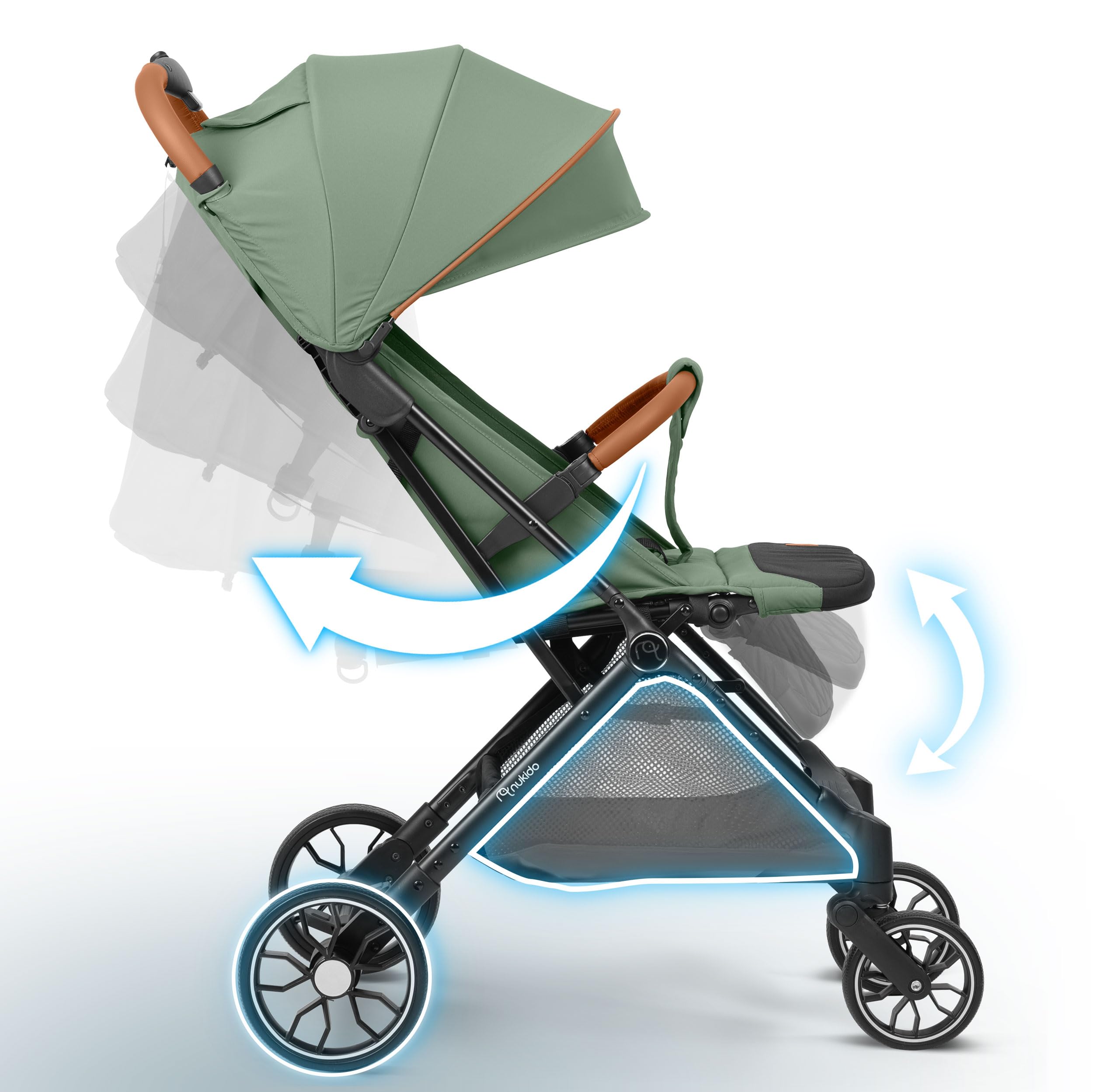 Nukido Poussette Canne Pour Bébé 0-36 Mois 0-15 kg Pliage Automatique En 2 Secondes Roues Avant À 360° Amorties Grandes Roues Arrière Tout-Terrain Vert Paseo